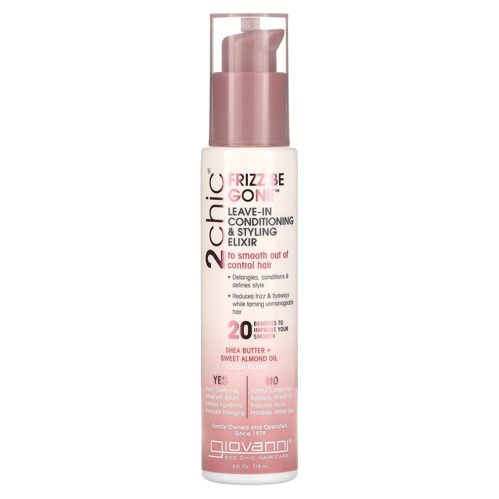 Giovanni, 2chic, Frizz Be Gone, несмываемый эликсир для разглаживания непослушных волос, для ухода и укладки, масло ши и масло сладкого миндаля, 118 мл (4 жидк. унции)