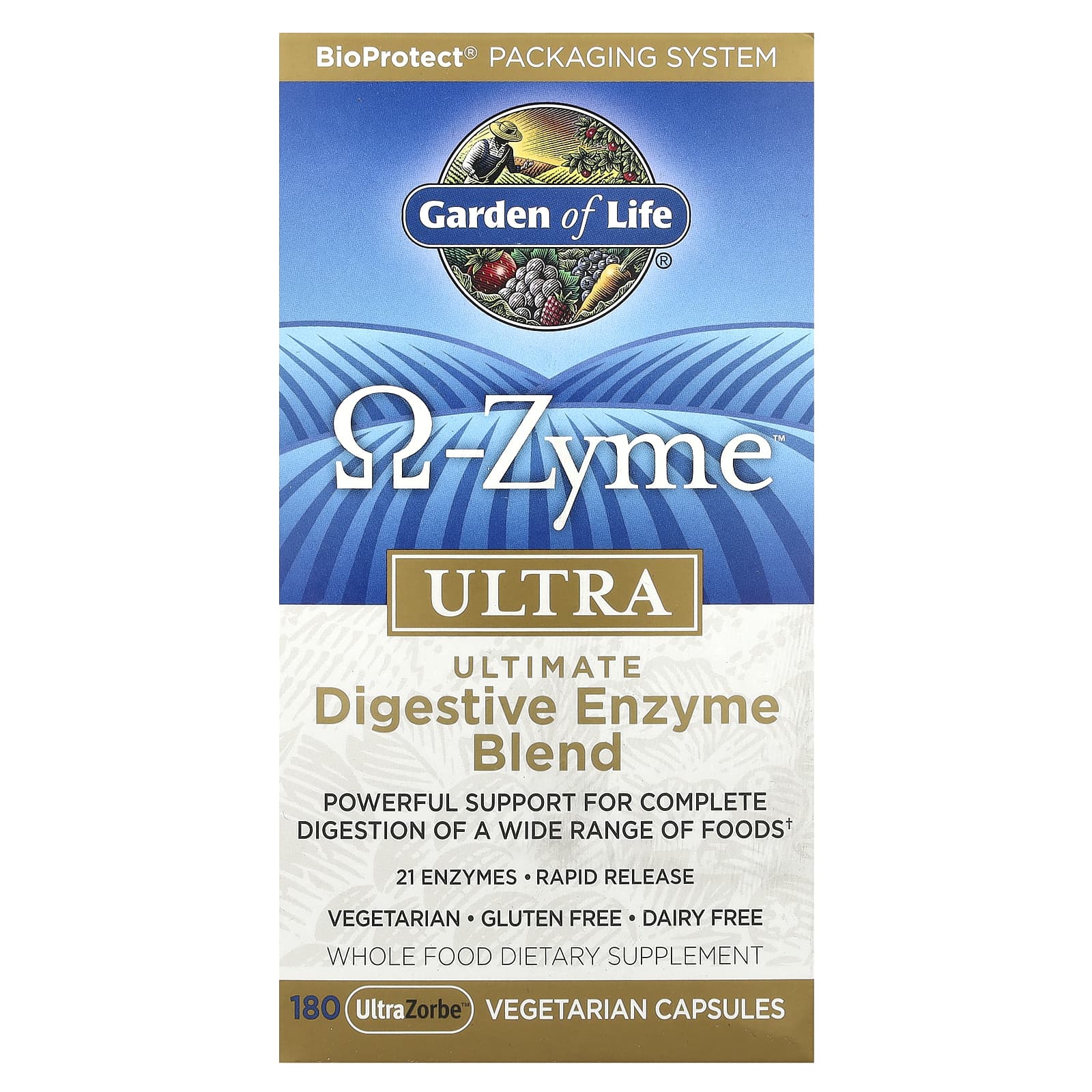 Garden of Life, Ω-Zyme, Ultra, Комплекс пищеварительных ферментов, 180 вегетарианских капсул UltraZorbe