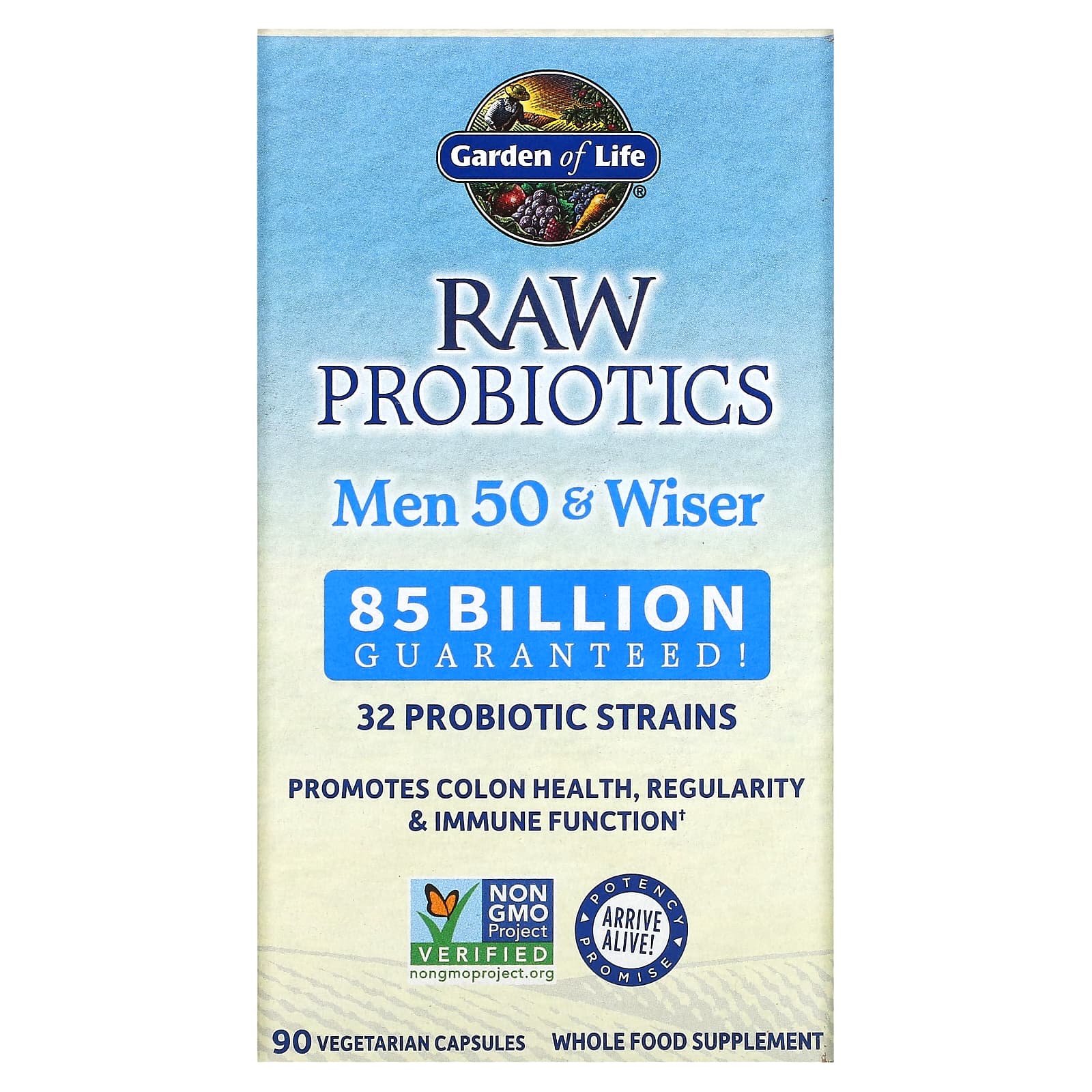 Garden of Life, RAW Probiotics, витамины для мужчин от 50 лет, 85 млрд, 90 вегетарианских капсул (28,33 млн живых культур в 1 капсуле)