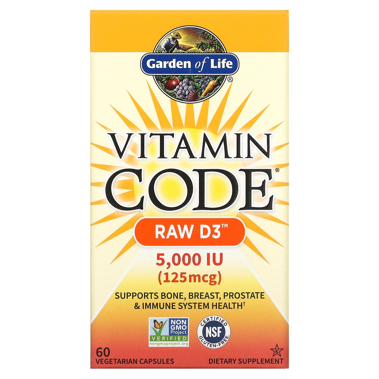 Garden of Life, Vitamin Code, Raw D3, 5000 МЕ, 60 вегетарианских капсул