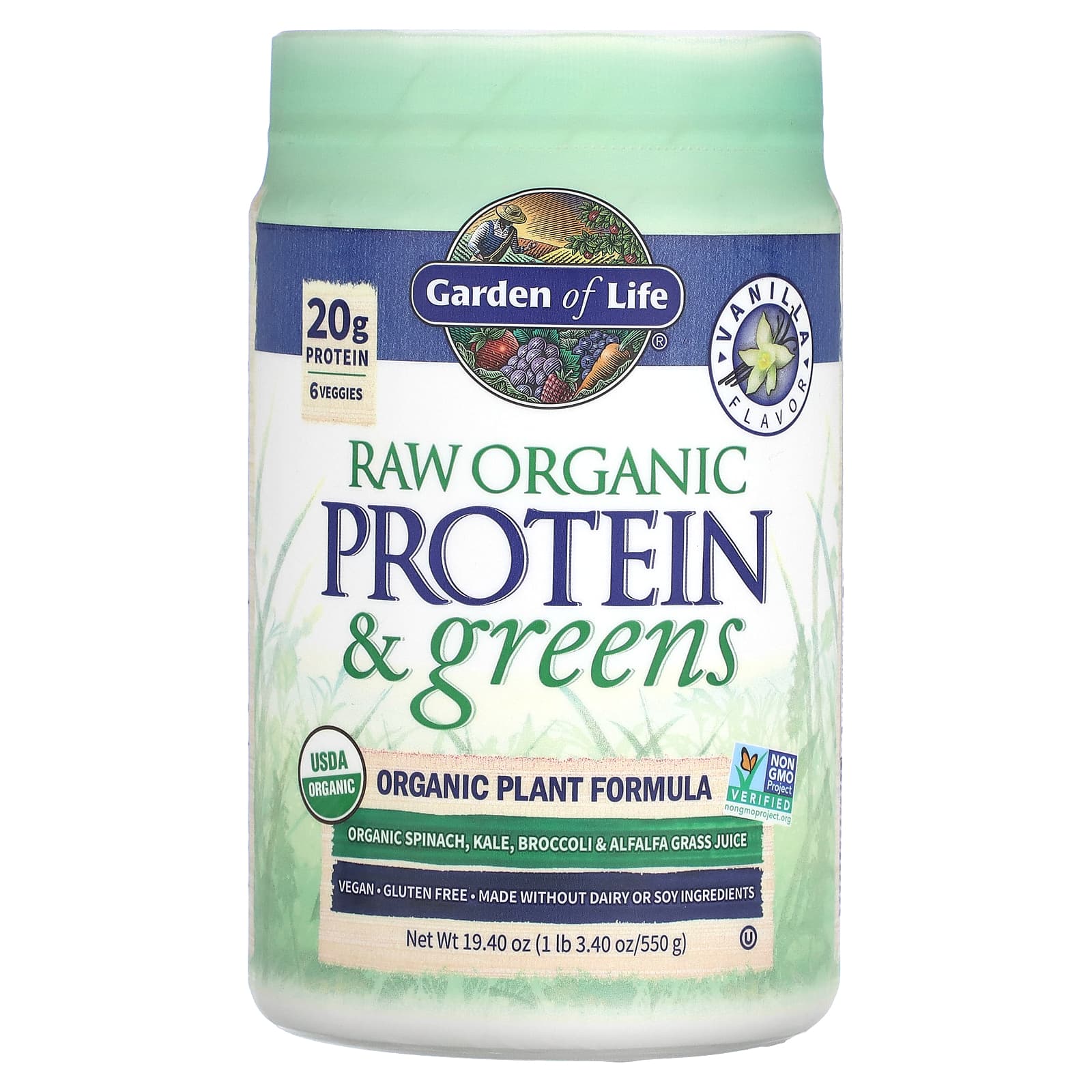 Garden of Life, RAW Protein & Greens, формула с органическими растениями, ваниль, 550 г (19,40 унции)