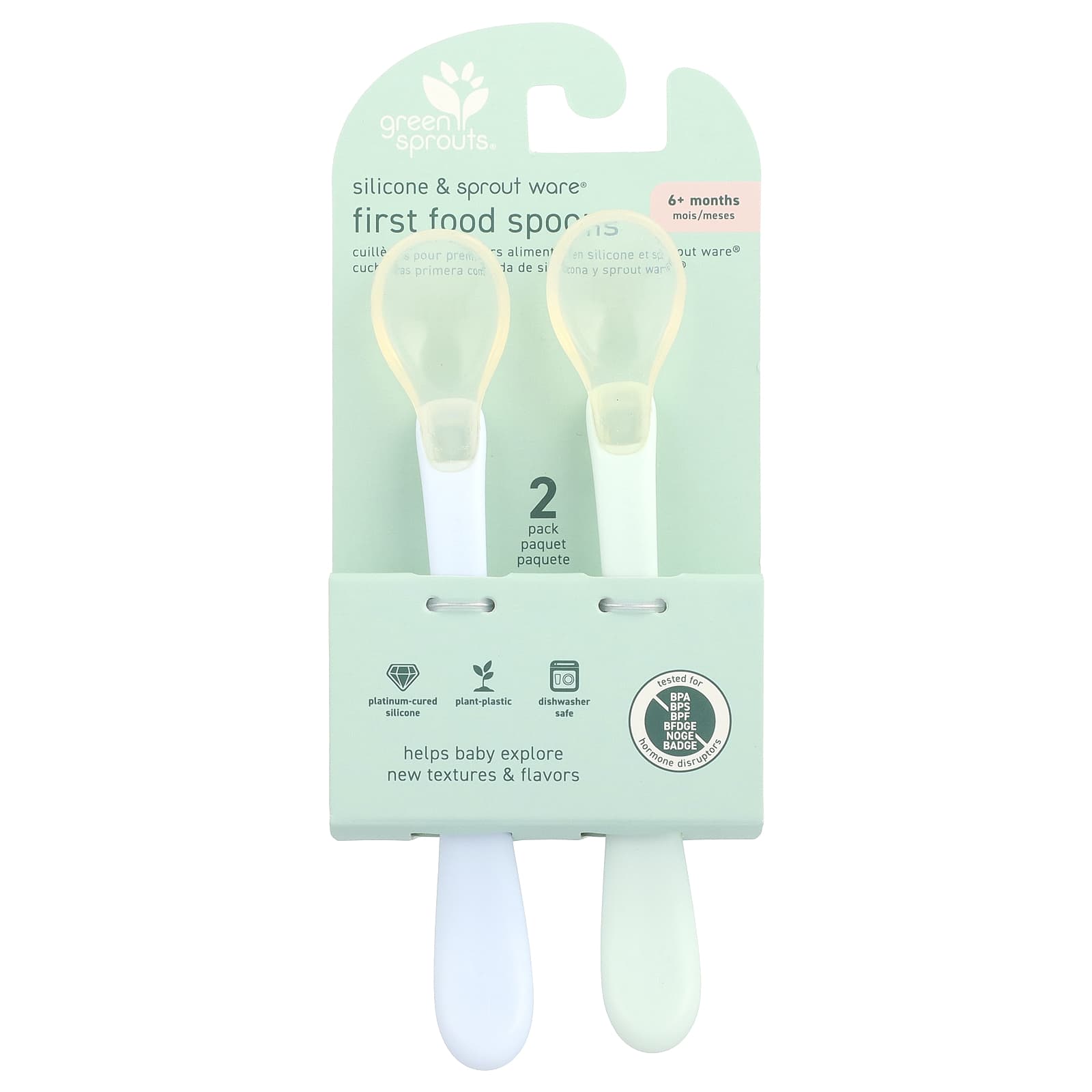 Green Sprouts, Silicone & Sprout Ware®, First Food Spoons, от 6 месяцев, Light Ealight, 2 упаковки