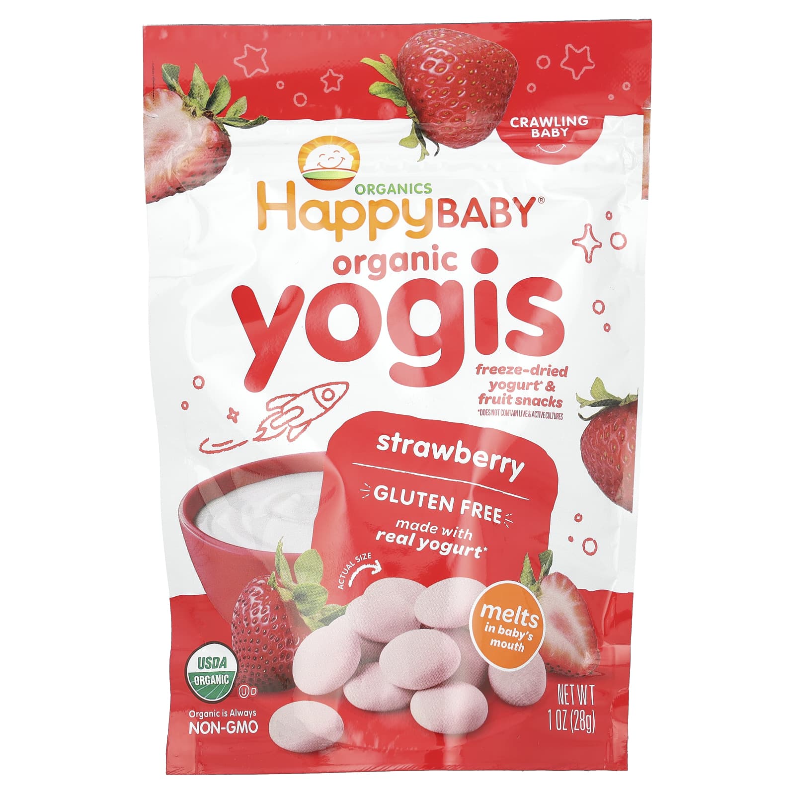 Happy Family Organics Happy Baby Organic Yogis органические снеки из сублимированного йогурта с фруктами с клубникой 28 г 1 унция 1690₽