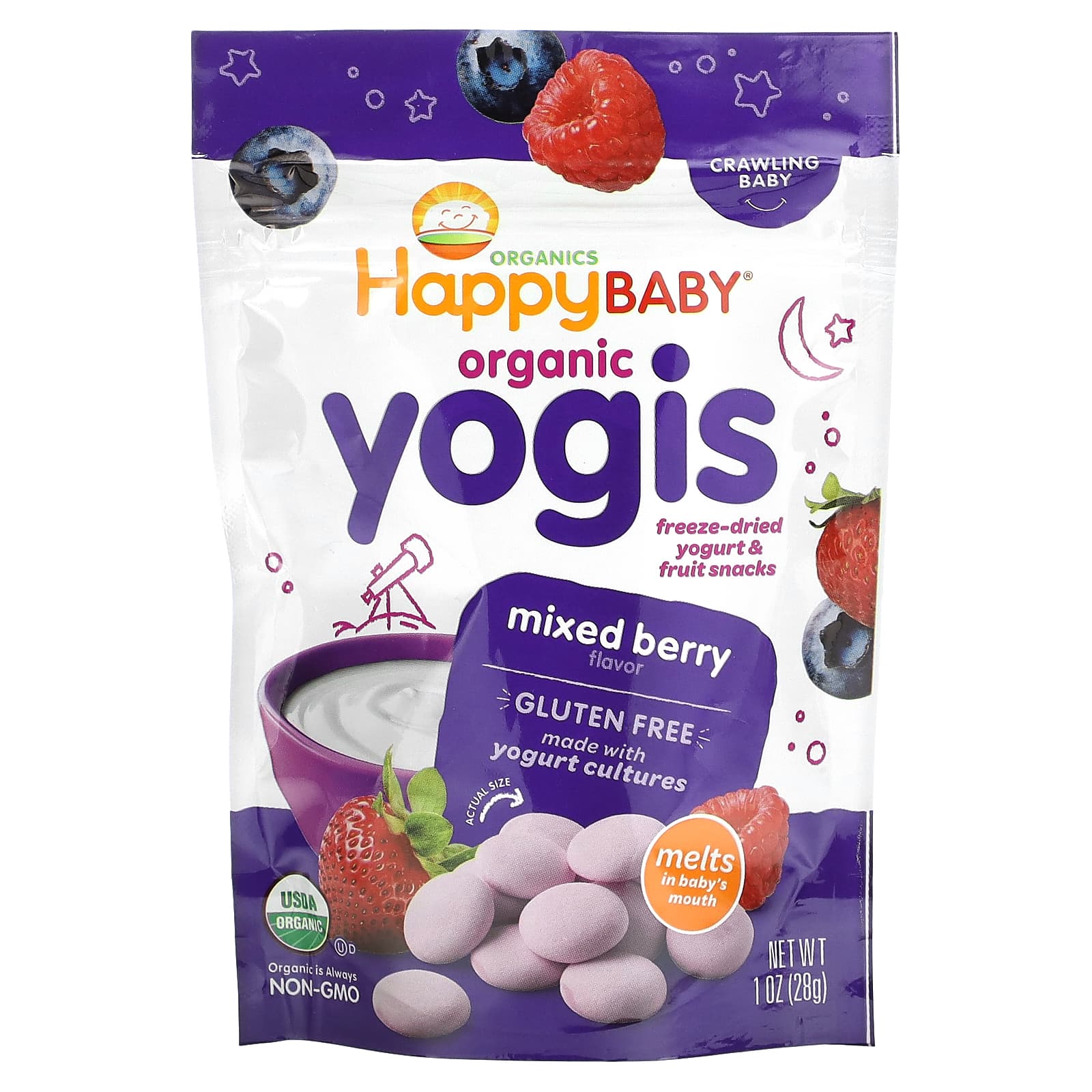 Happy Family Organics Yogis органические снеки из сублимированного йогурта с фруктами ягодная смесь 28 г 1690₽