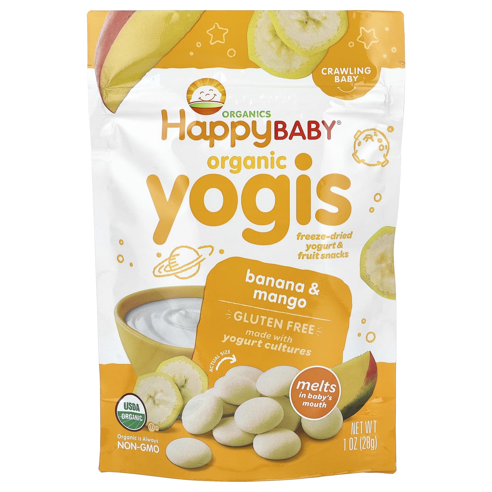 Happy Family Organics Yogis органические снеки из сублимированного йогурта с фруктами банан и манго 28 г 1690₽