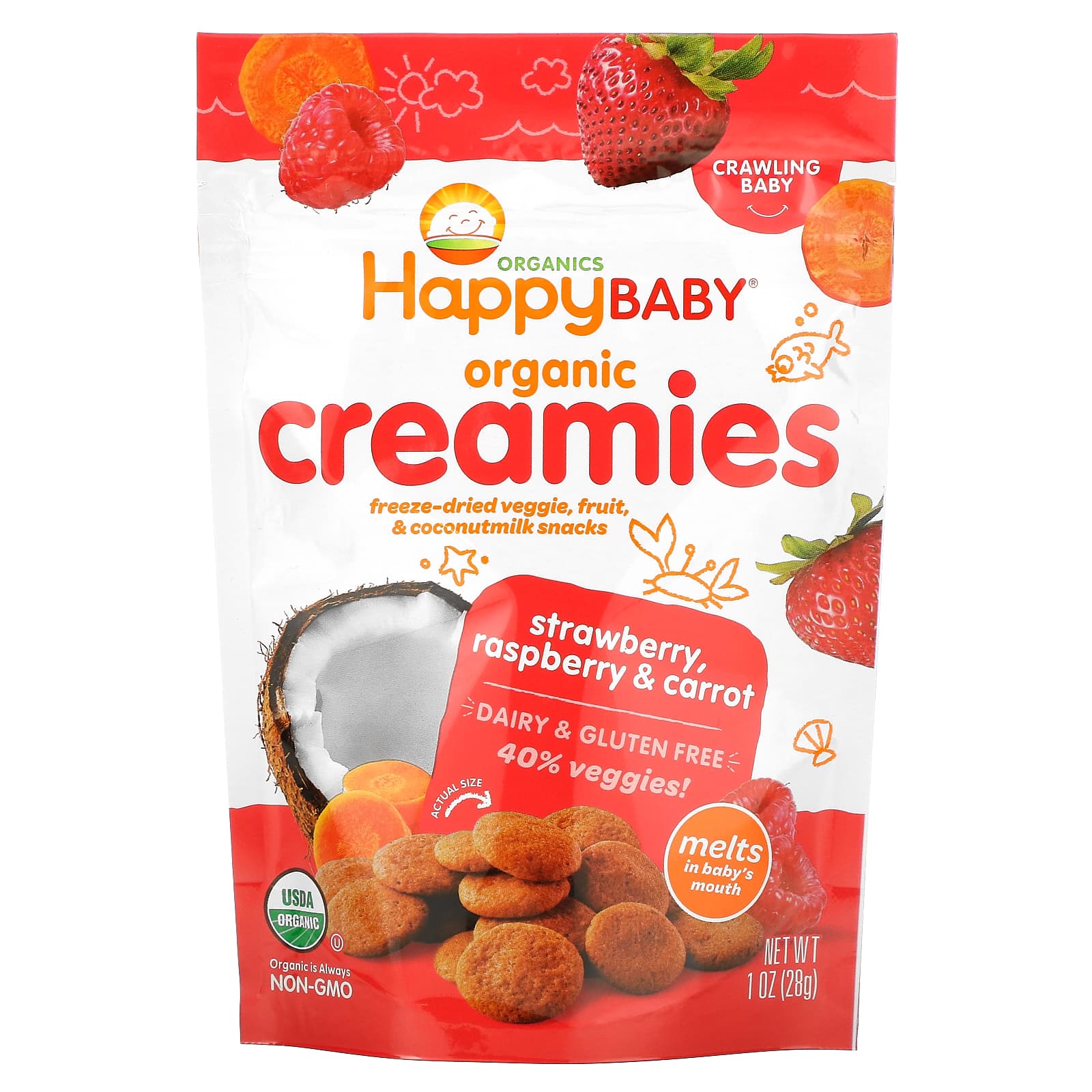 Happy Family Organics Organic Creamies снеки из сублимированных овощей фруктов и кокосового молока клубника малина и морковь 28 г 1 унция 1590₽