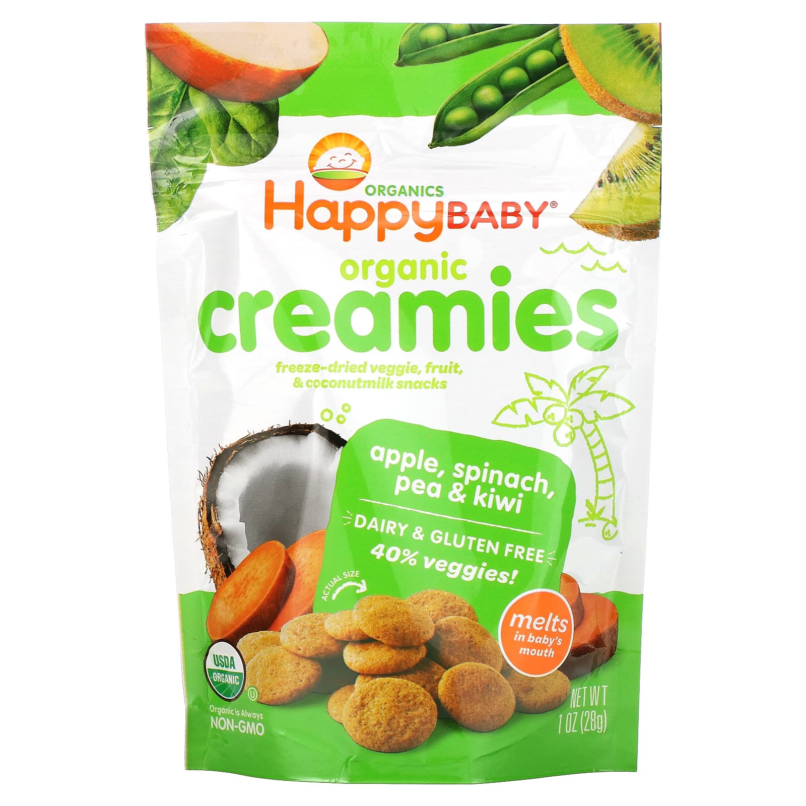 Happy Family Organics Organic Creamies снеки из сублимированных овощей фруктов и кокосового молока яблоко шпинат горох и киви 28 г 1 унция 1590₽