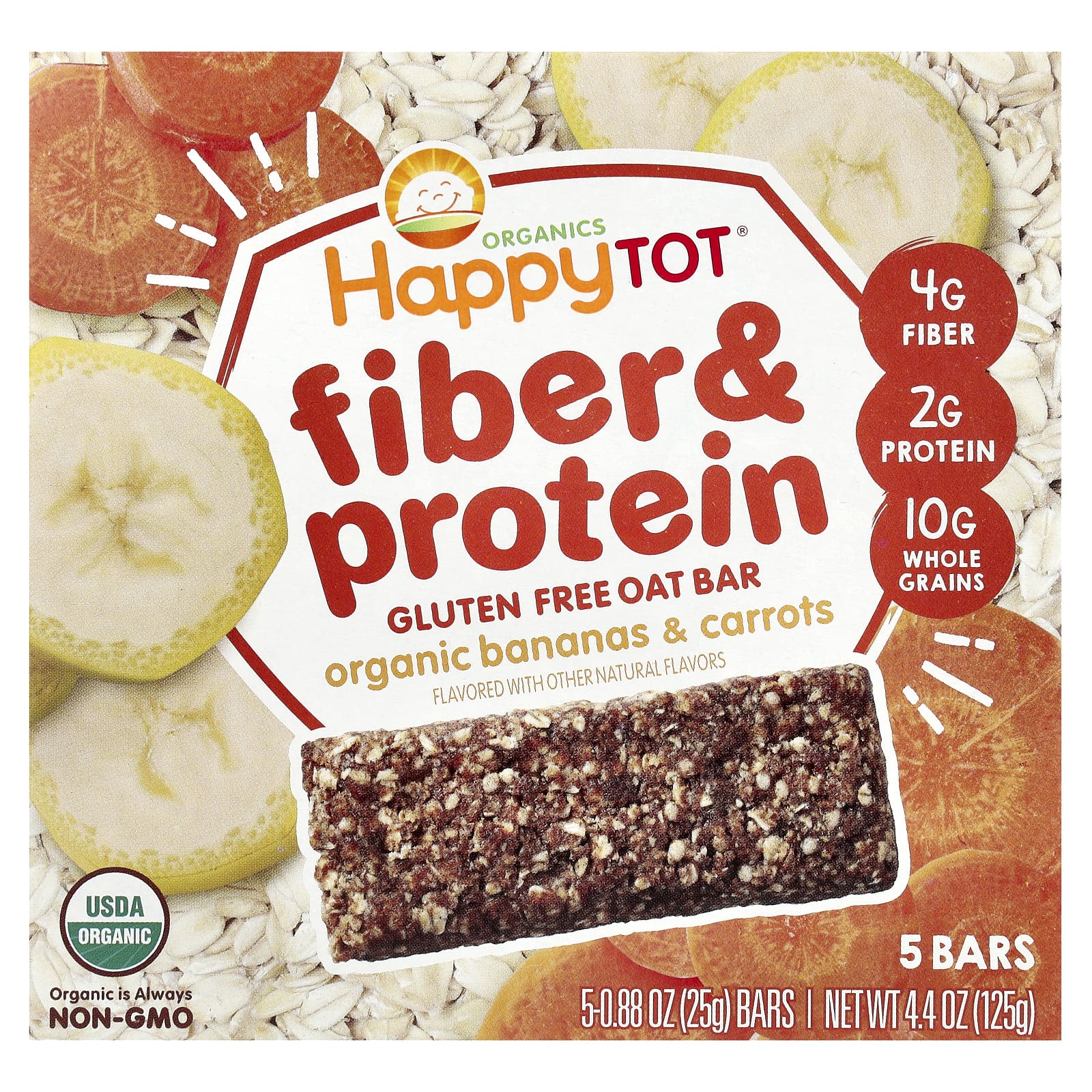Happy Family Organics Organics HappyTot овсяный батончик с клетчаткой и протеином органические бананы и морковь 5 батончиков 25 г 088 унции 1590₽
