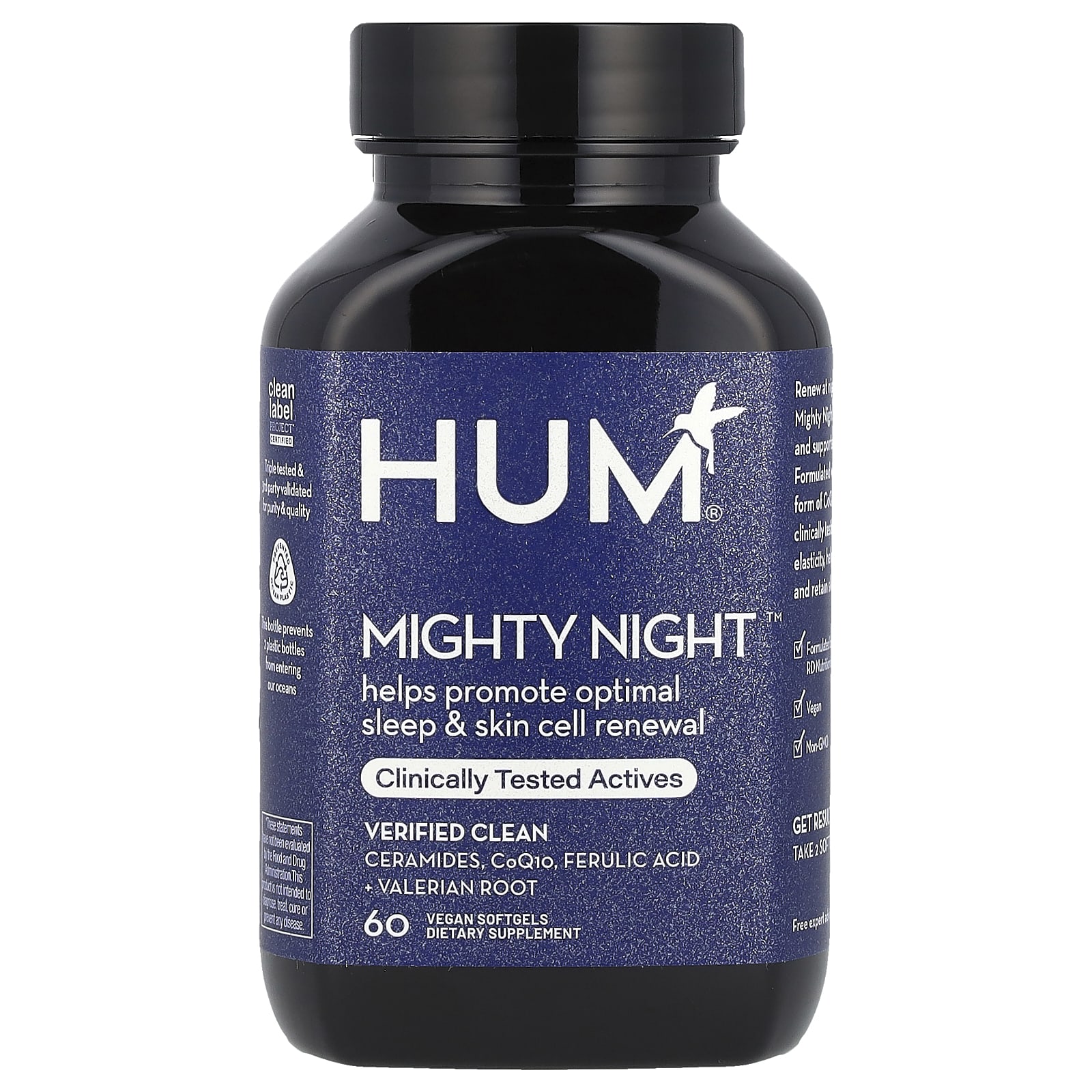 HUM Nutrition, Mighty Night ™, керамиды, коэнзим Q10, феруловая кислота и корень валерианы, 60 веганских мягких таблеток