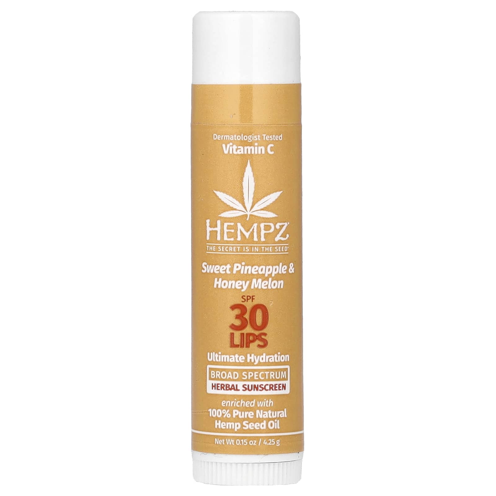 Hempz, Травяное солнцезащитное средство для губ, SPF 30, сладкий ананас и медовая дыня, 4,25 г (0,15 унции)