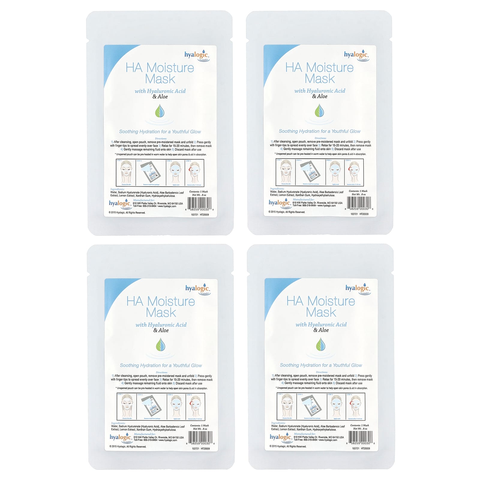 Hyalogic, увлажняющая маска для лица на гиалуроновой кислоте и алоэ, без отдушек, 4 шт. по 0,8 унции