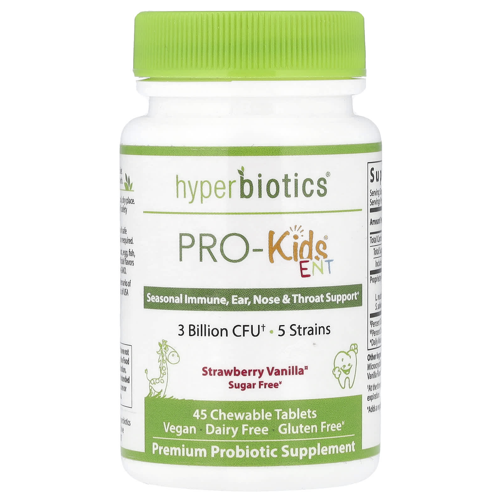 Hyperbiotics, PRO-Kids ENT, без сахара, со вкусом клубники и ванили, 3 млрд КОЕ, 45 жевательных таблеток