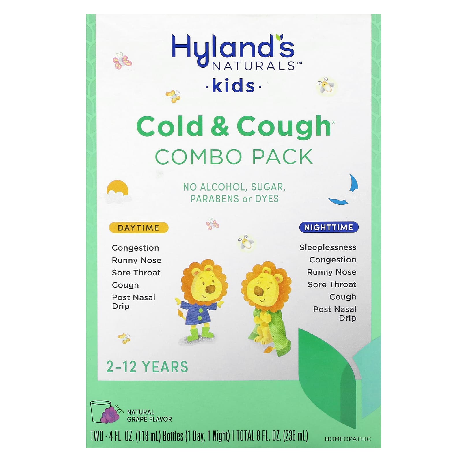 Hyland's Naturals, Для детей, комбо-пакет от простуды и кашля, дневное и ночное время, для детей от 2 до 12 лет, из натурального винограда, 2 флакона по 118 мл (4 жидк. Унции)