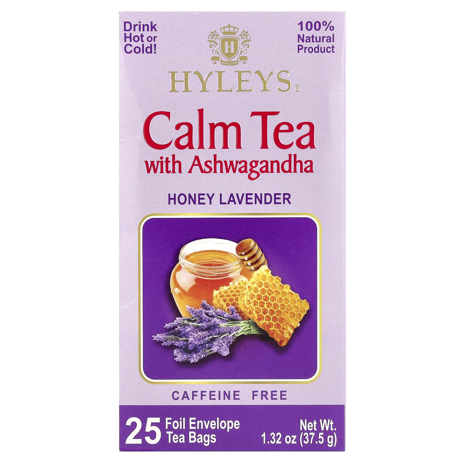 Hyleys Tea, Calm Tea с ашвагандой, медом и лавандой, без кофеина, 25 пакетиков с фольгой, 37,5 г (1,32 унции)