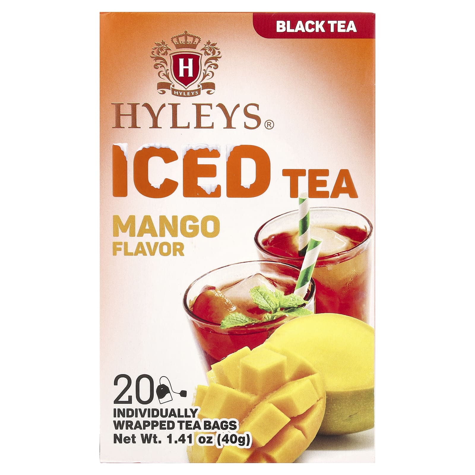 Hyleys Tea, Черный чай со льдом, манго, 20 чайных пакетиков в индивидуальной упаковке, 40 г (1,41 унции)