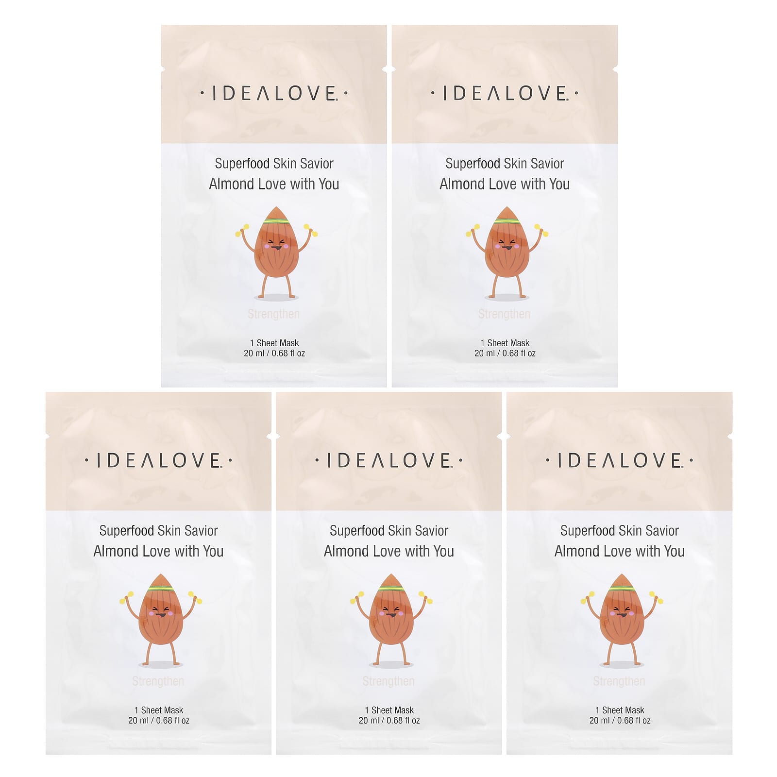 Idealove, Superfood Skin Savior, маска для лица с суперфудами, миндаль, 5 шт. по 20 мл (0,68 жидк. унции)