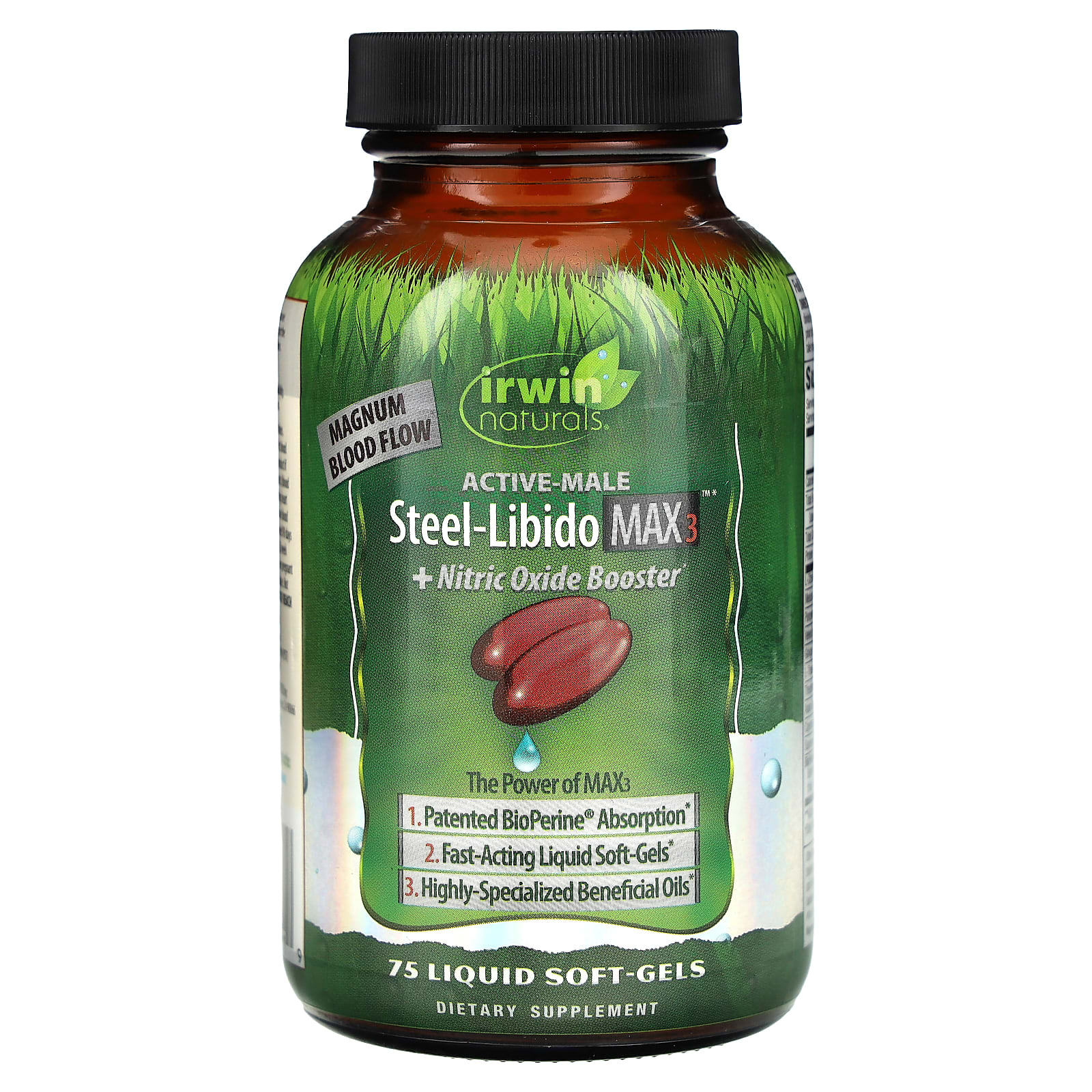 Irwin Naturals, Steel Libido Max 3 + бустер с оксидом азота, 75 желатиновых капсул