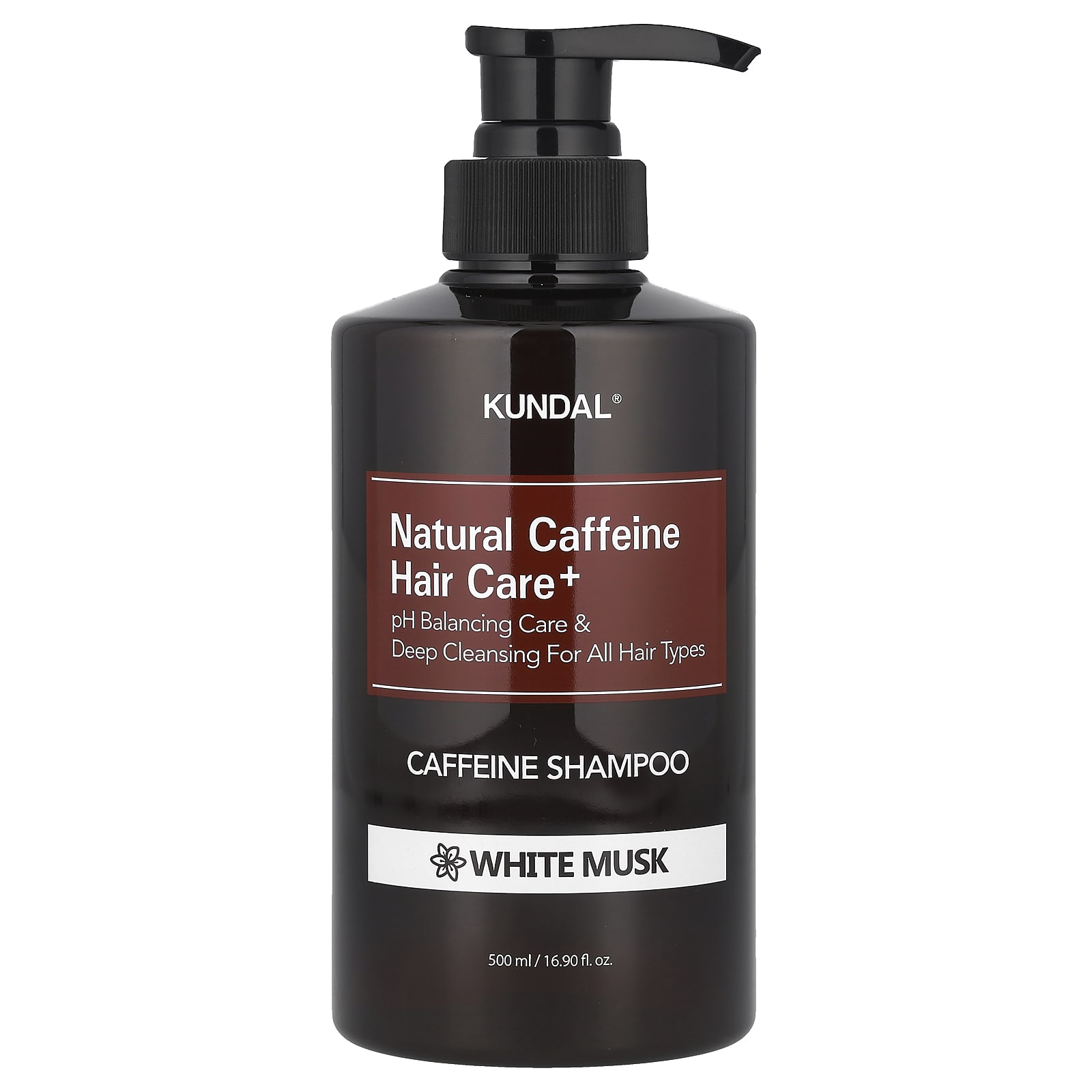 Kundal, Natural Caffeine Hair Care +, шампунь с кофеином, для всех типов волос, белый мускус, 500 мл (16,9 жидк. унц.)