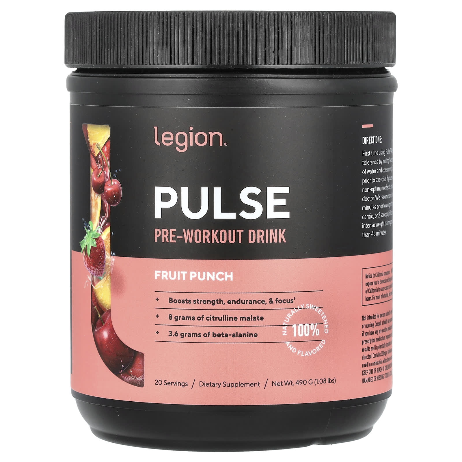 Legion Athletics, Pulse, предтренировочный напиток, фруктовый пунш, 490 г (1,08 фунта)