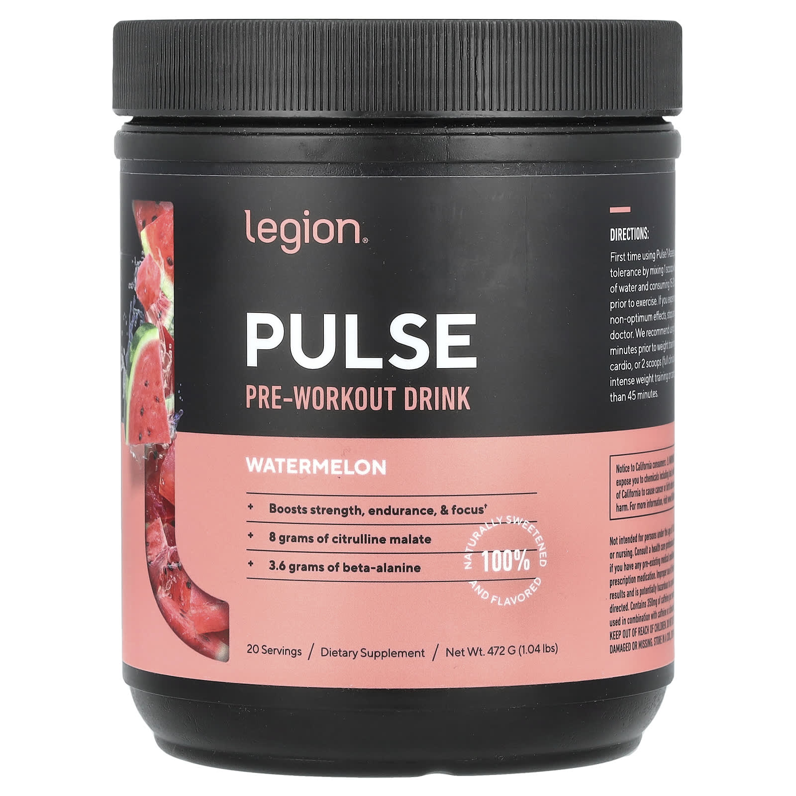 Legion Athletics, Pulse, предтренировочный напиток, арбуз, 472 г (1,04 фунта)
