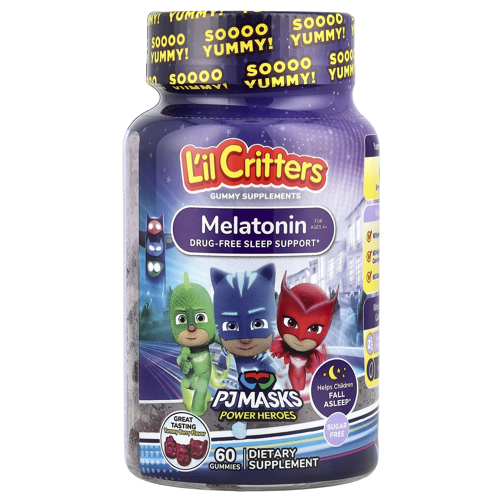 L'il Critters, PJ Masks Power Heroes, жевательные мармеладки с мелатонином, для детей от 4 лет, вкусные ягоды, 1 мг, 60 жевательных таблеток (0,5 мг в 1 жевательной мармеладке)