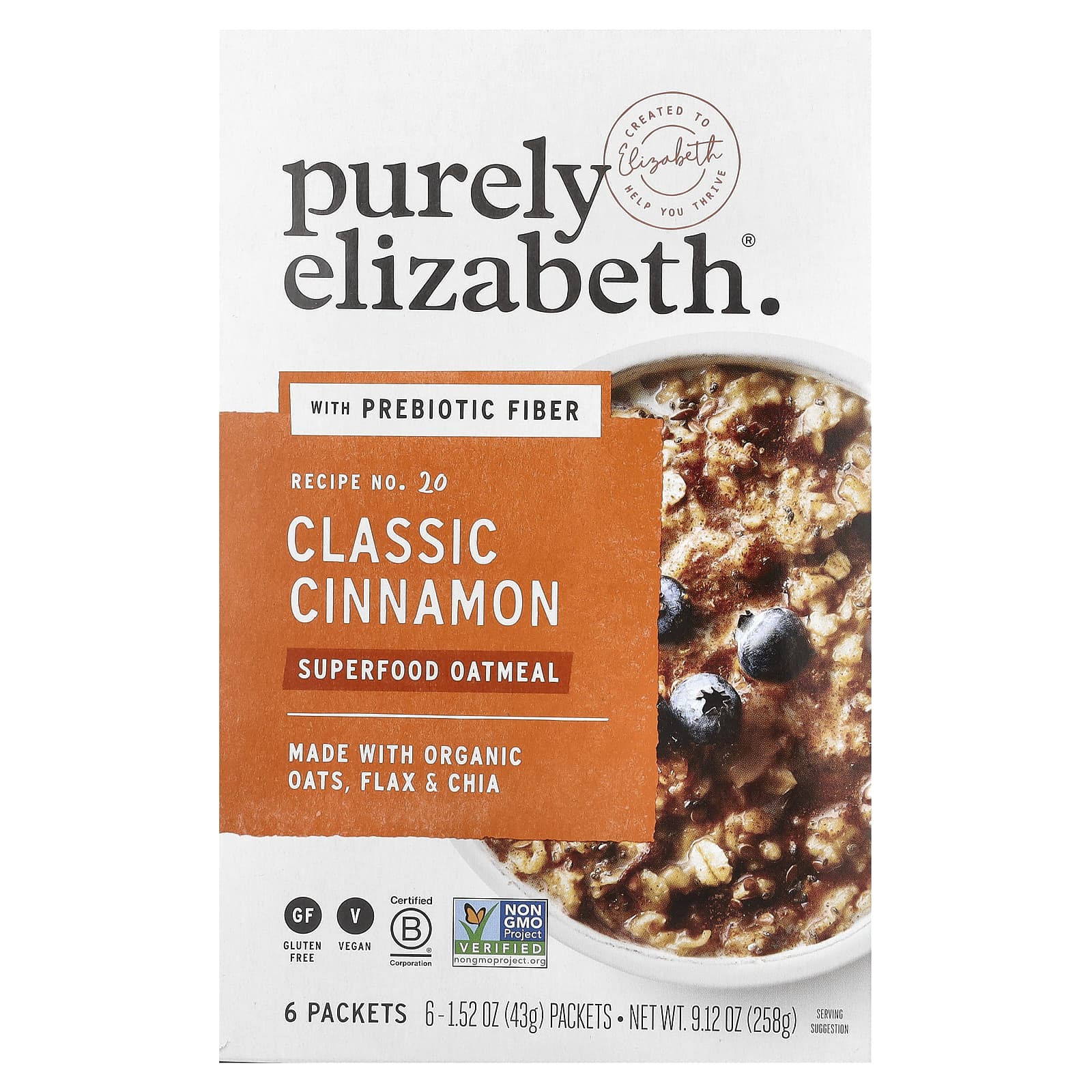 Purely Elizabeth, Овсянка Superfood с пребиотической клетчаткой, классическая корица, 6 пакетиков по 43 г (1,52 унции)