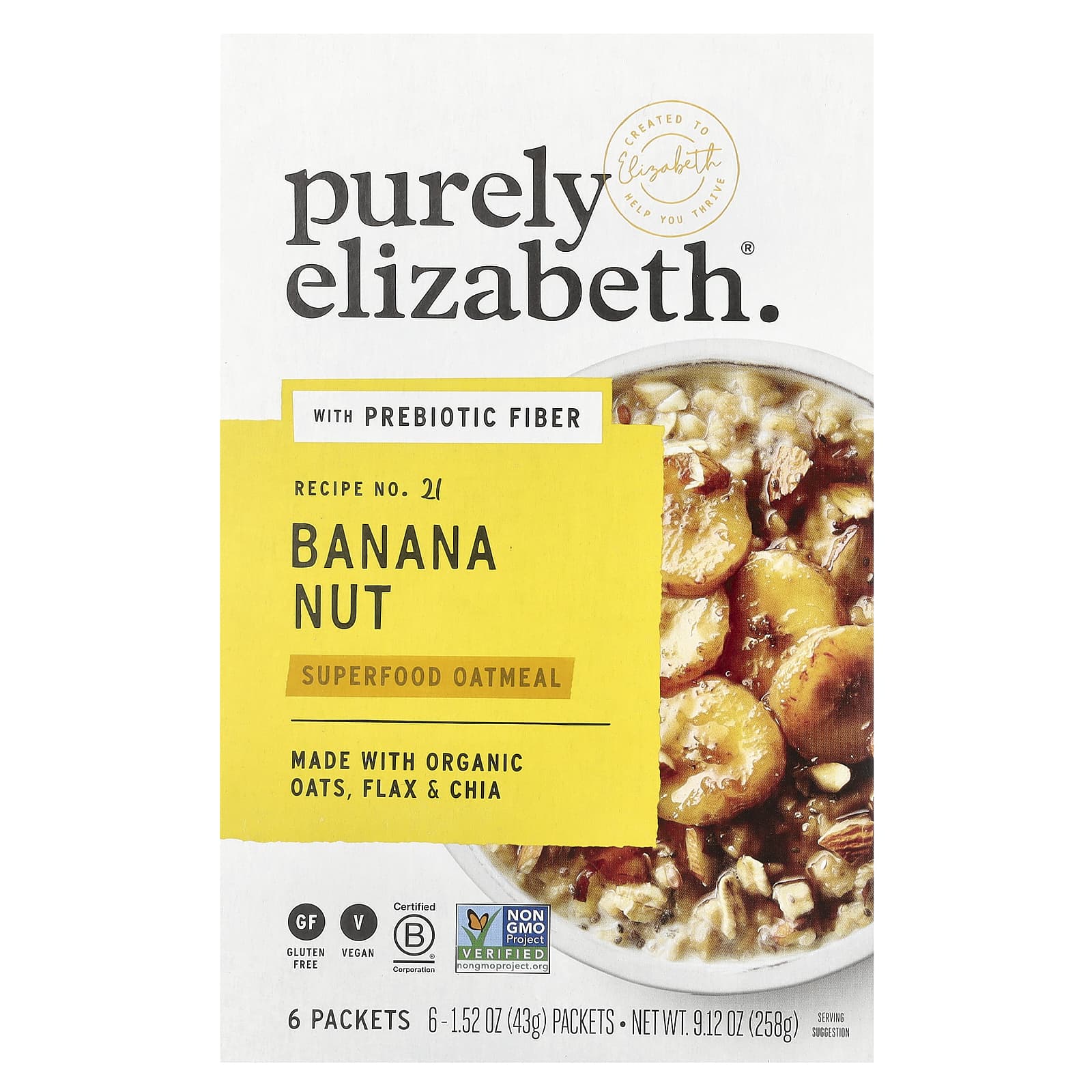 Purely Elizabeth, Овсянка Superfood с пребиотической клетчаткой, банан и орех, 6 пакетиков по 43 г (1,52 унции)