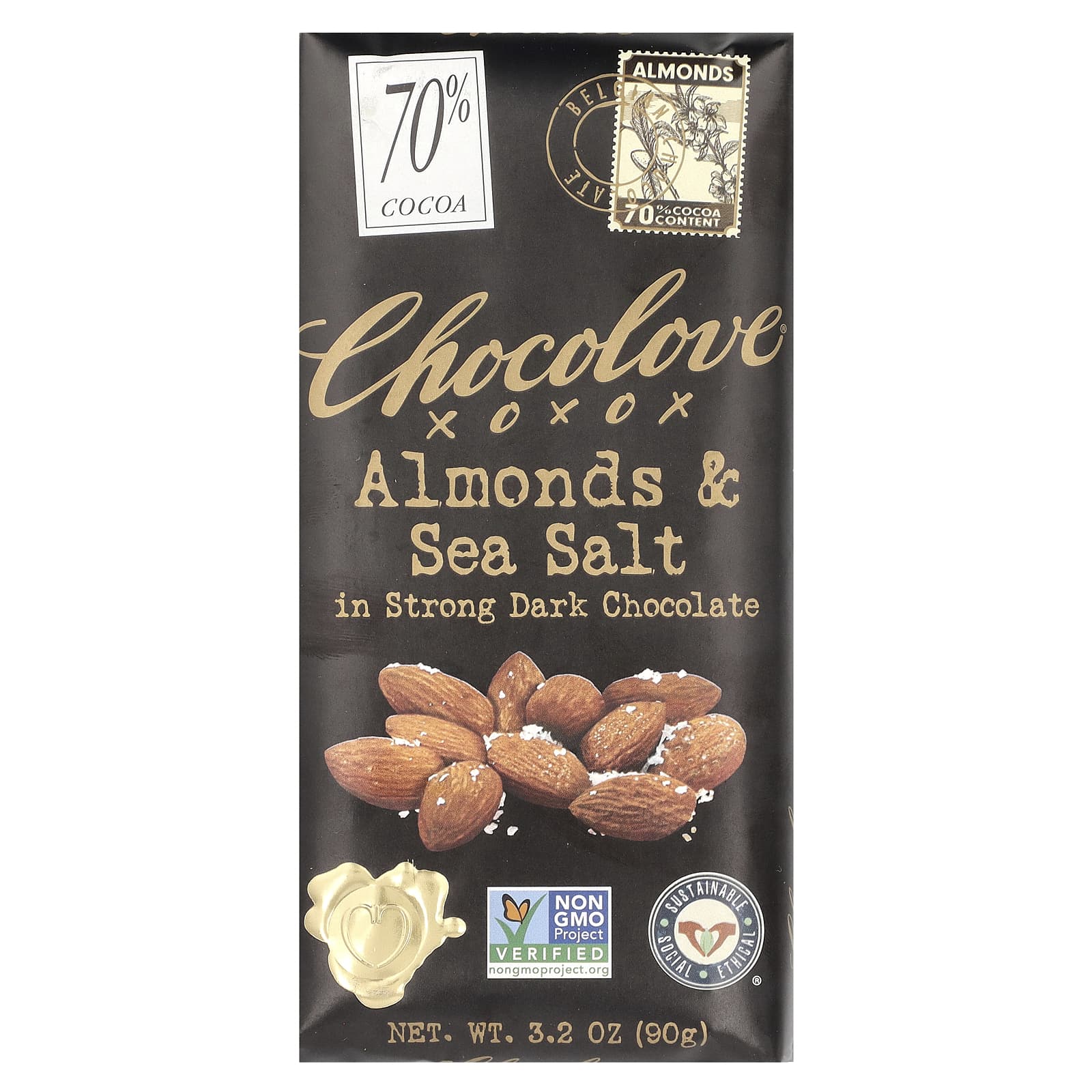 Chocolove черный шоколад с миндалем и морской солью 70 какао 90 г 32 унции 1590₽