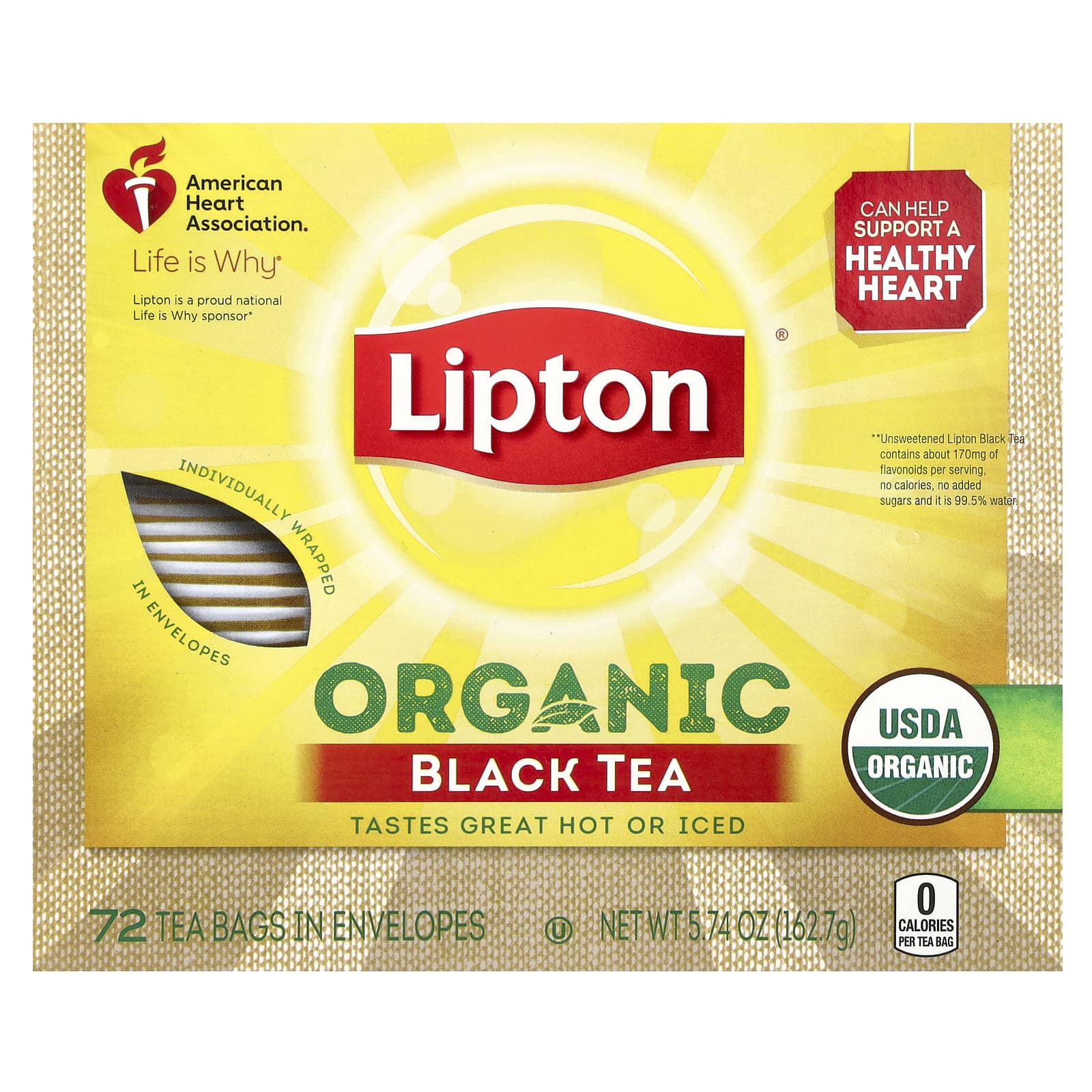 Lipton Органический черный чай 72 чайных пакетика в конвертах 1627 г 574 унции 1890₽