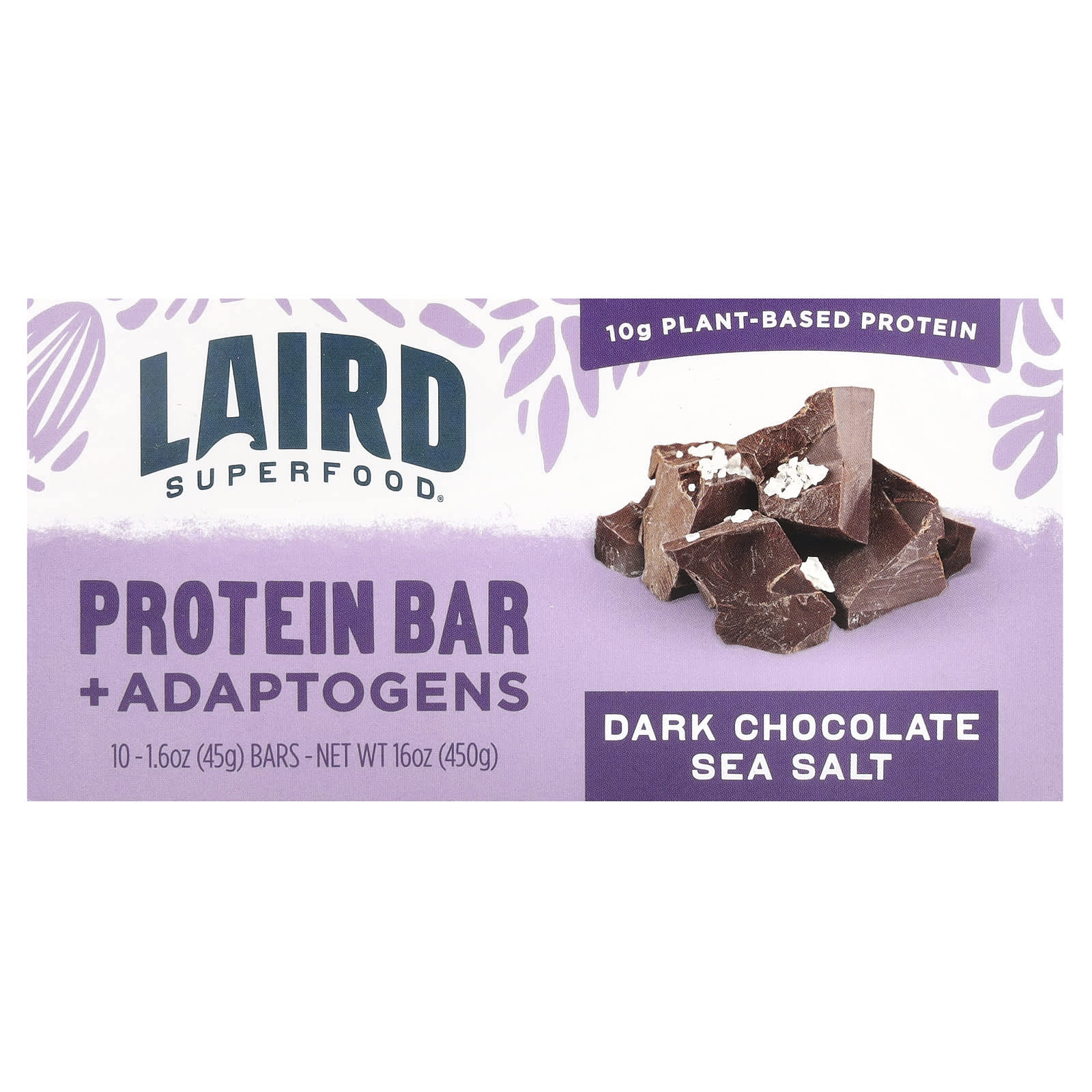 Laird Superfood Протеиновый батончик Superfood адаптогены морская соль из темного шоколада 10 пакетиков по 45 г 16 унции 3290₽