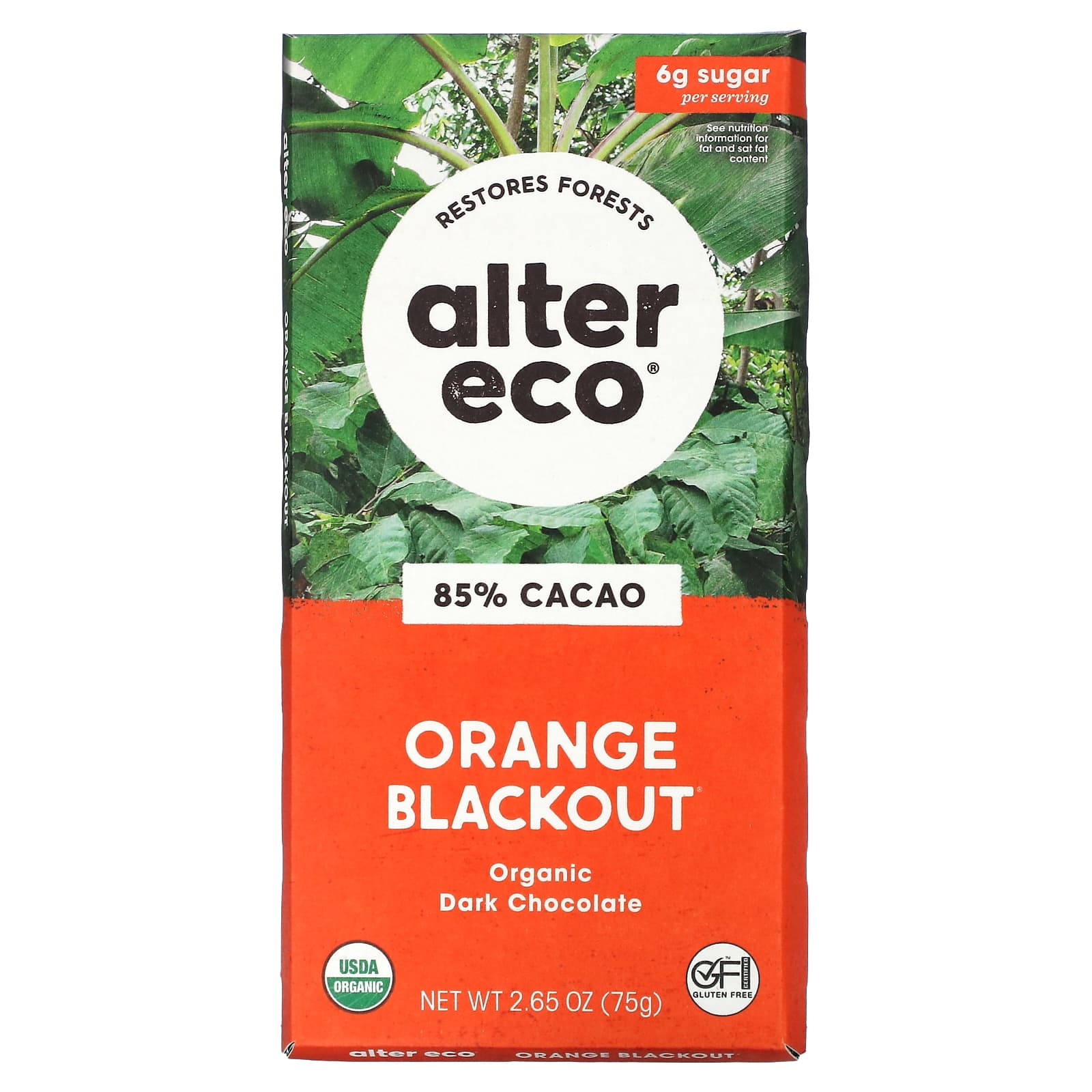 Alter Eco, органический темный шоколад, со вкусом апельсина, 85% какао, 75 г (2,65 унции)