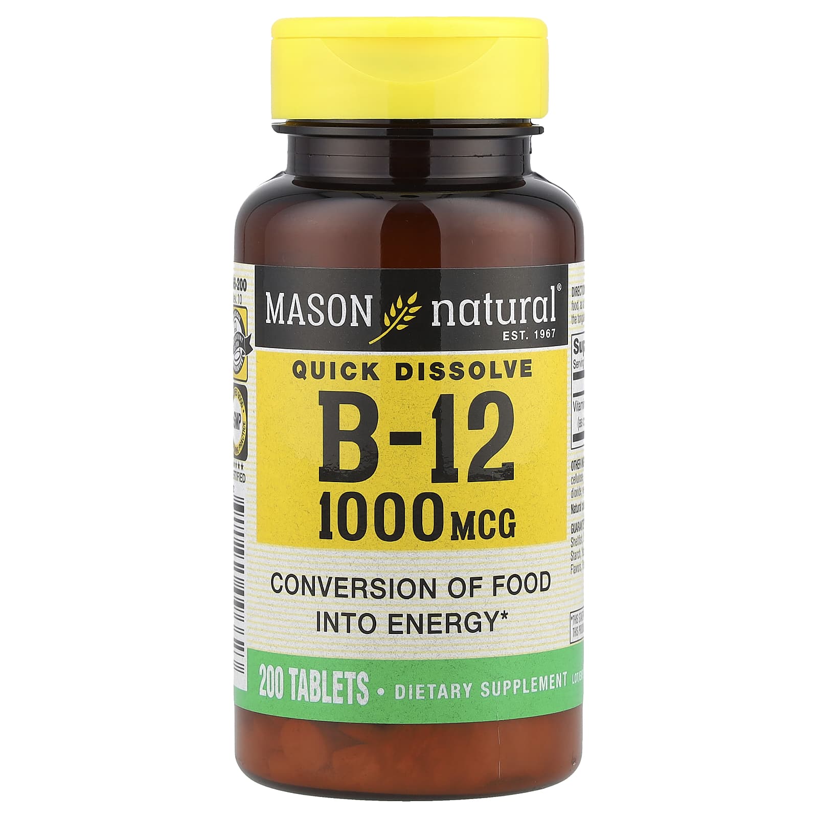 Mason Natural, Quick Dissolve, витамин B12, 1000 мкг, 200 таблеток