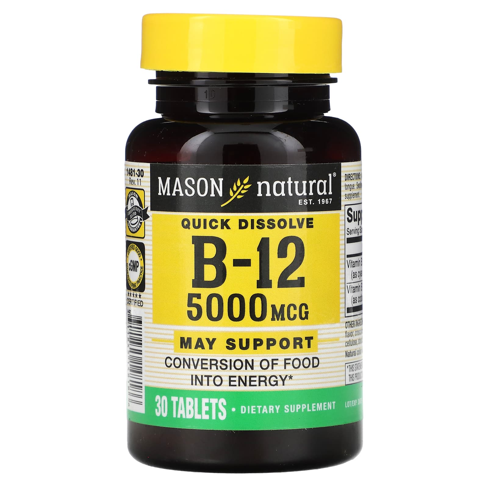 Mason Natural, Quick Dissolve, витамин B12, 5000 мкг, 30 таблеток