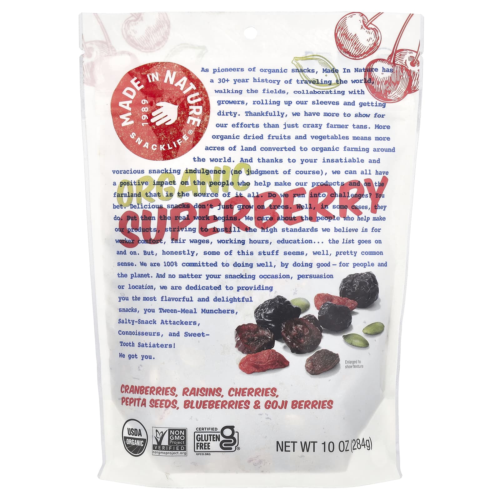 Made in Nature, Organic Superberry, клюква, изюм, вишня, семена пептии, голубика и ягоды годжи, 284 г (10 унций)