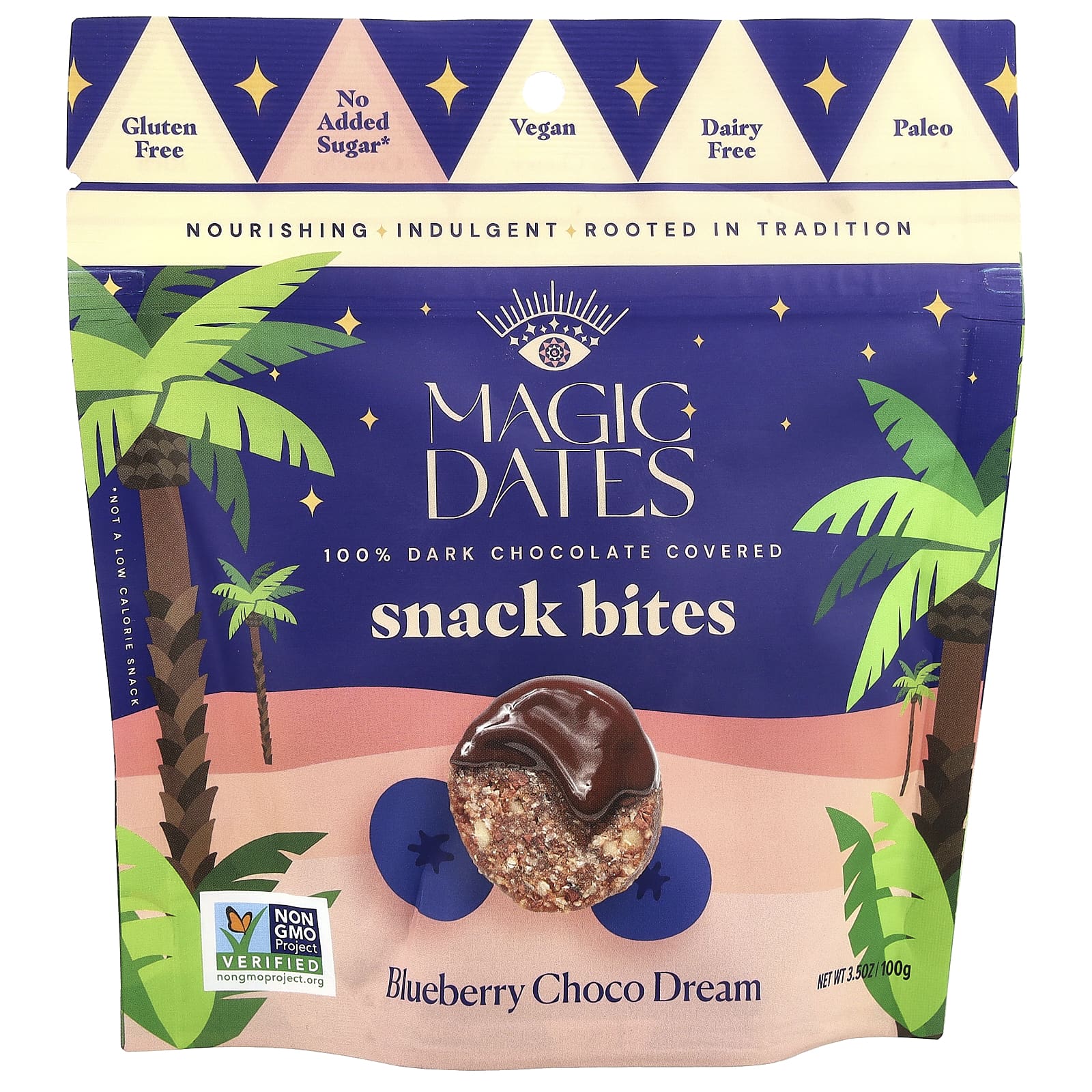 MAGICDATES, Snack Bites, покрытый 100% темным шоколадом, Blueberry Choco Dream, 100 г (3,5 унции)