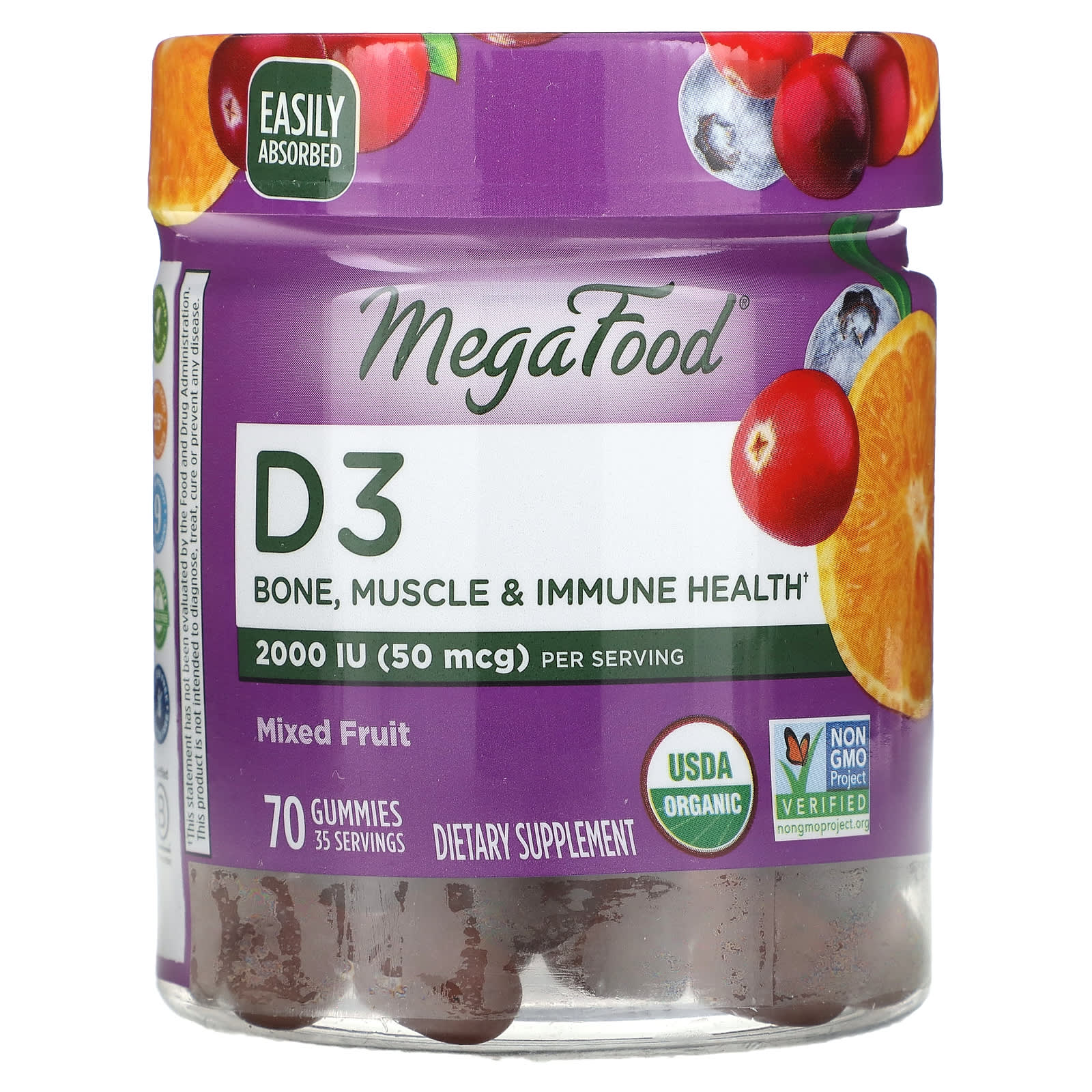 MegaFood, D3, фруктовое ассорти, 50 мкг (2000 МЕ), 70 жевательных таблеток (25 мкг (1000 МЕ) в 1 жевательной таблетке)
