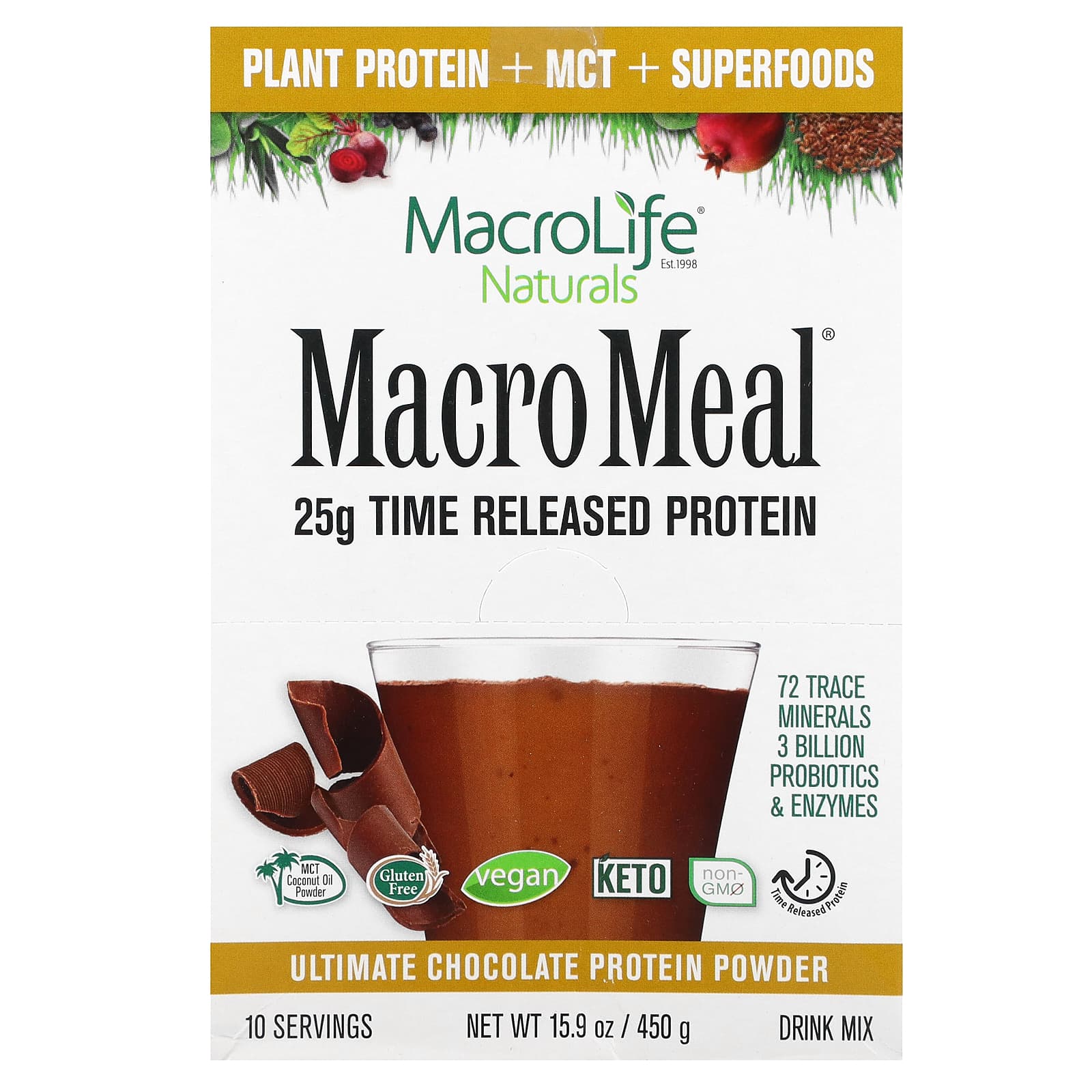 Macrolife Naturals MacroMeal Ultimate Protein Powder шоколад 10 пакетиков по 45 г 16 унции 6090₽