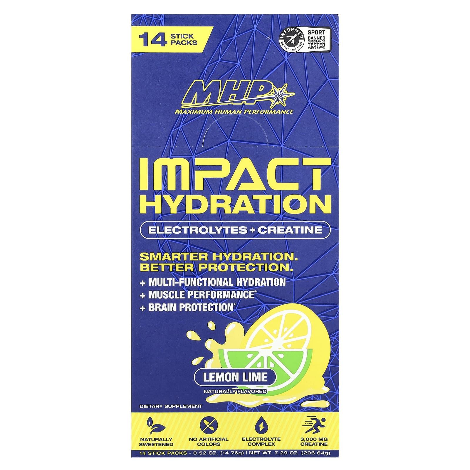 MHP, Impact Hydration, электролиты и креатин, лимон и лайм, 14 пакетиков по 14,76 г (0,52 унции)