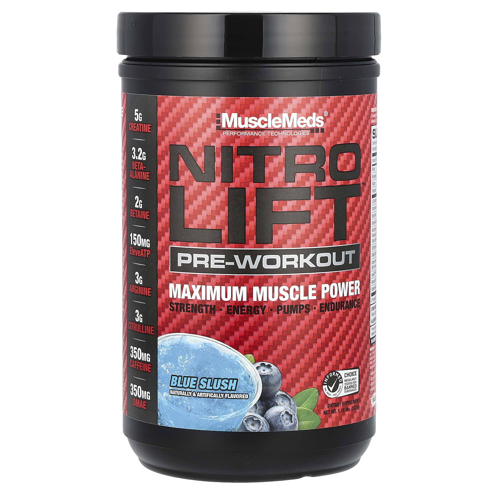 MuscleMeds, Nitro Lift ™, предтренировочный комплекс, синяя слякоть, 522 г (1,15 фунта)