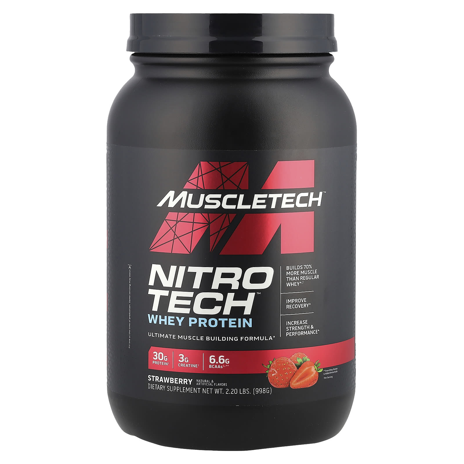 MuscleTech, Nitro-Tech, сывороточный изолят + смесь для роста сухой мышечной массы, клубничный вкус, 907 г (2 фунта)