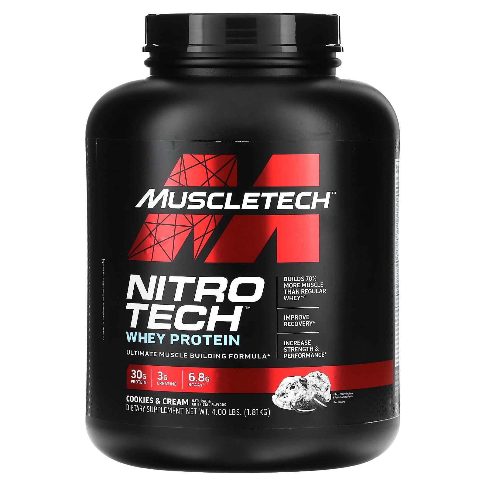 MuscleTech, Nitro Tech, сывороточный протеин, идеальная формула для наращивания мышечной массы, печенье и сливки, 1,81 кг (4 фунта)