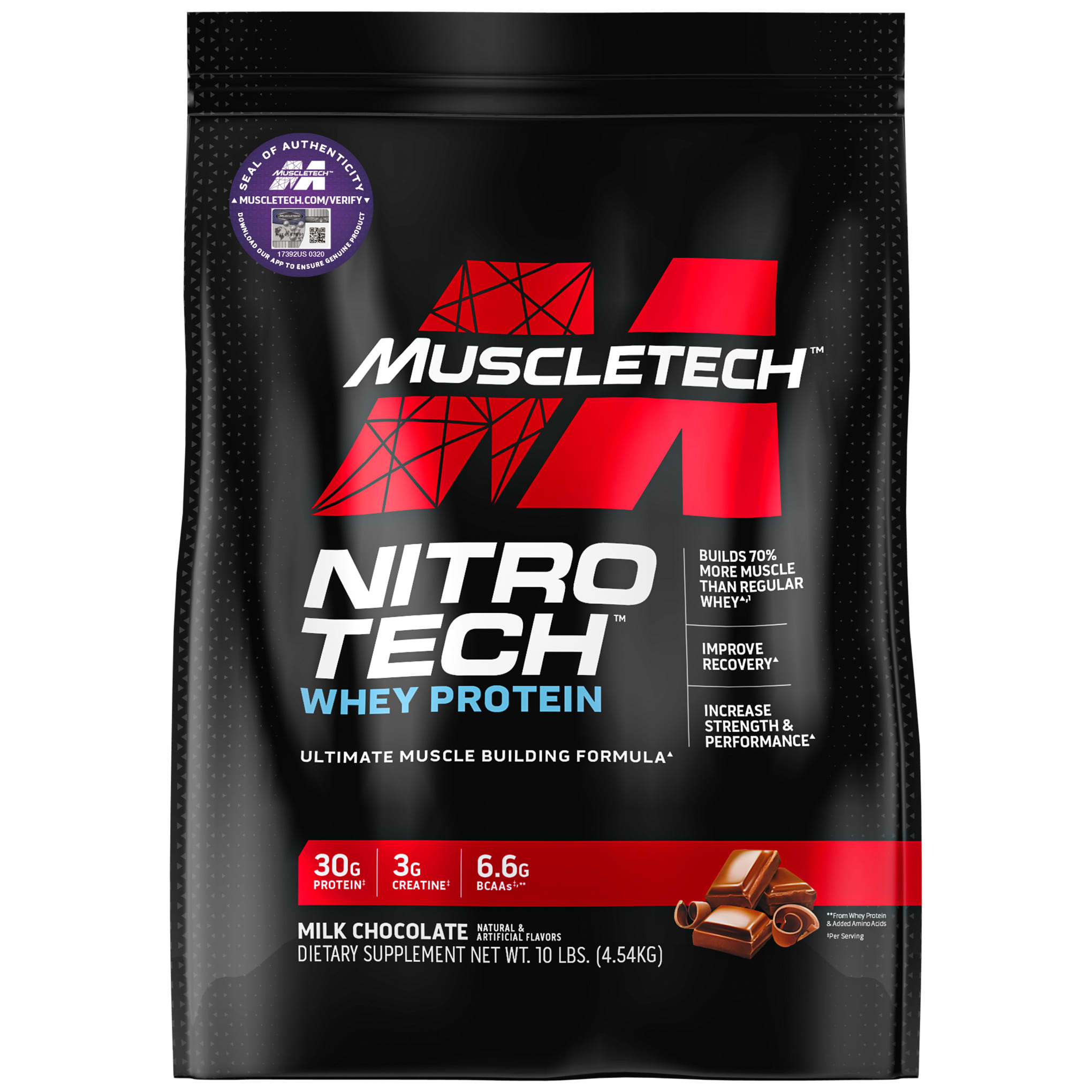 MuscleTech, Nitro Tech, сывороточный изолят и пептиды для роста сухой мышечной массы, со вкусом молочного шоколада, 4,54 кг (10 фунтов)