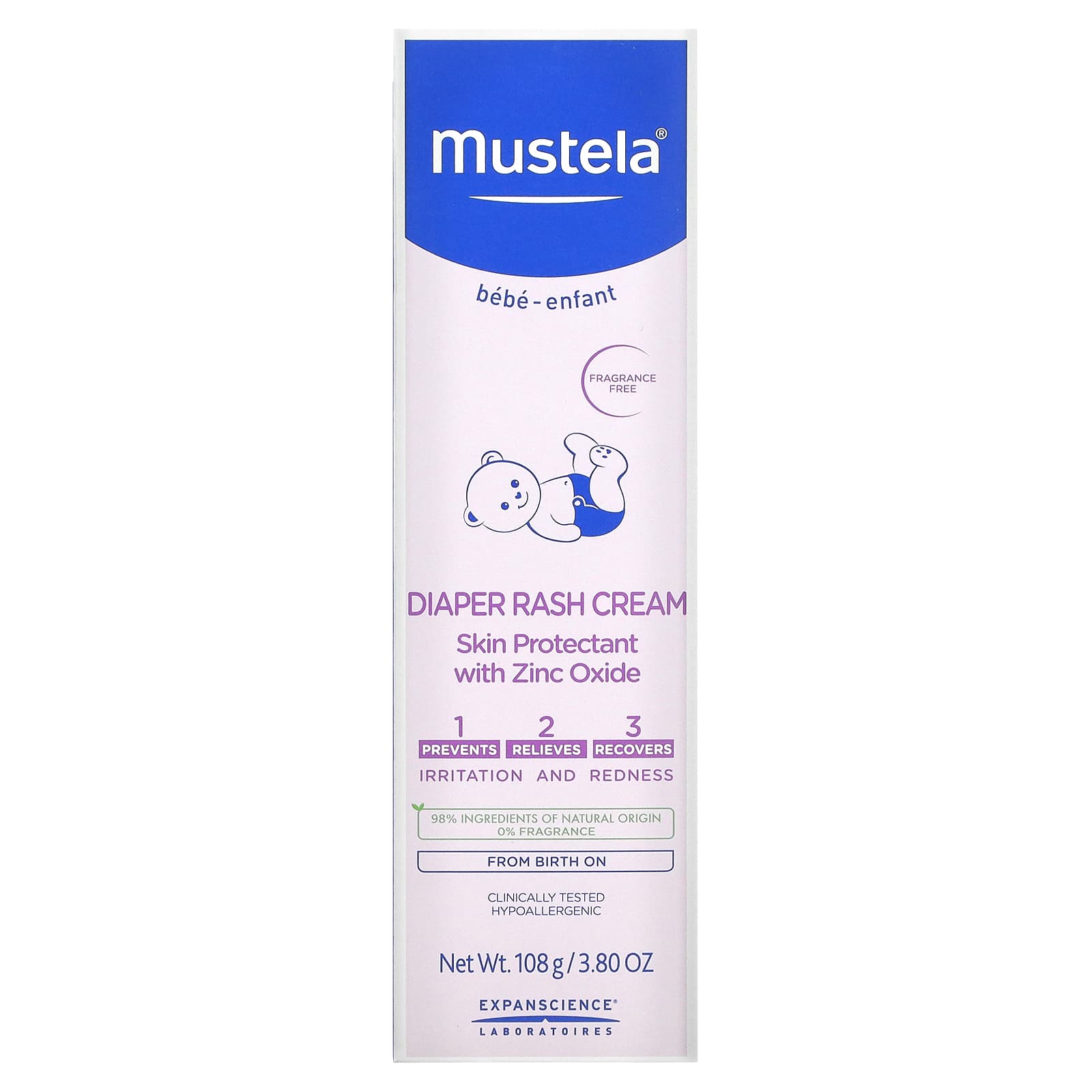 Mustela, детский крем от опрелостей «1-2-3», без отдушек, 108 г (3,80 унции)