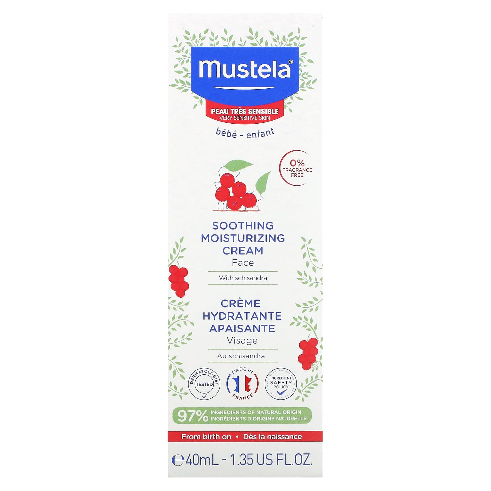 Mustela, Успокаивающий увлажняющий крем для лица с лимонником, без отдушек, 40 мл (1,35 жидк. Унции)