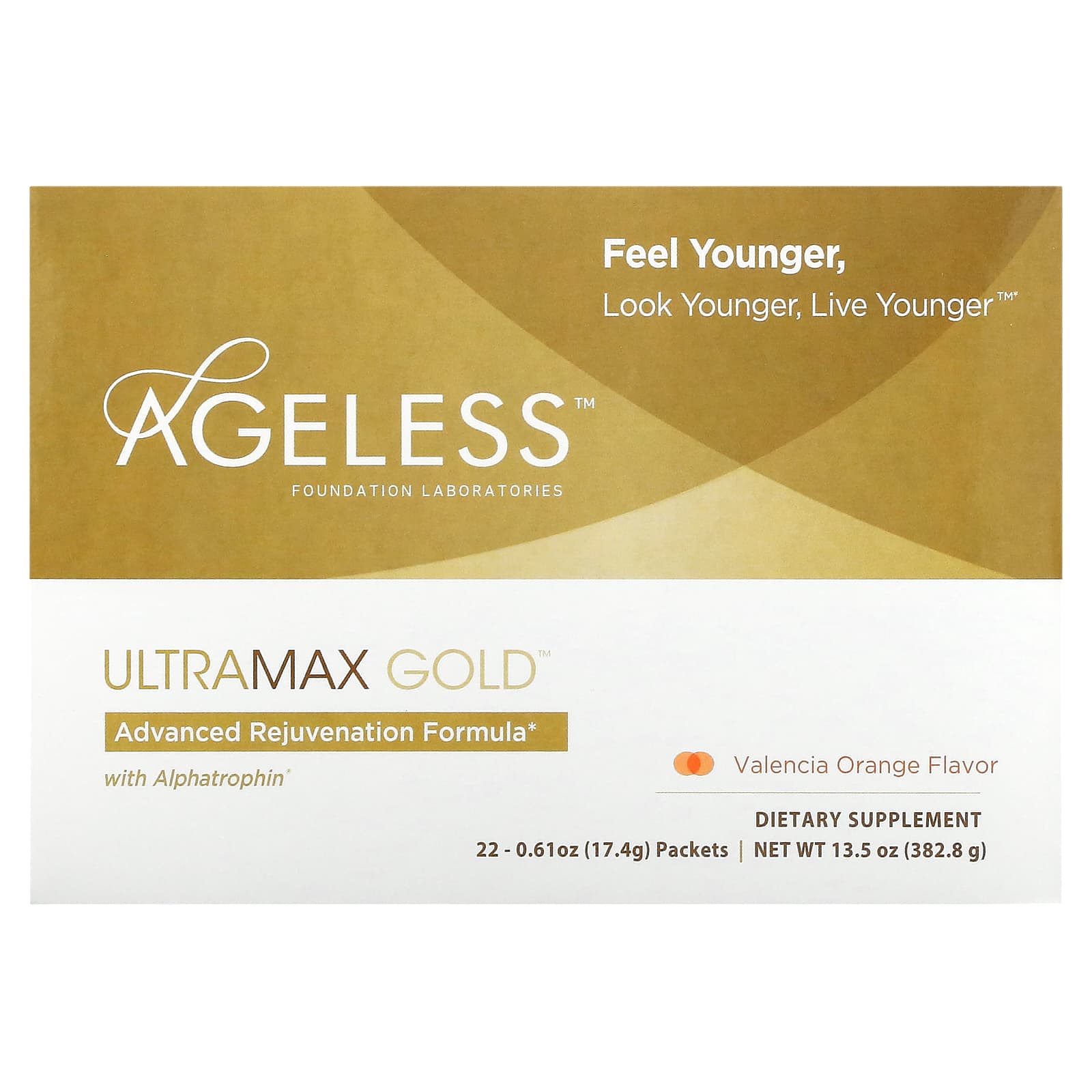 Ageless Foundation Laboratories, UltraMax Gold, улучшенная формула омоложения с альфатрофином, со вкусом валенсийского апельсина, 22 пакетика по 17,4 г каждый