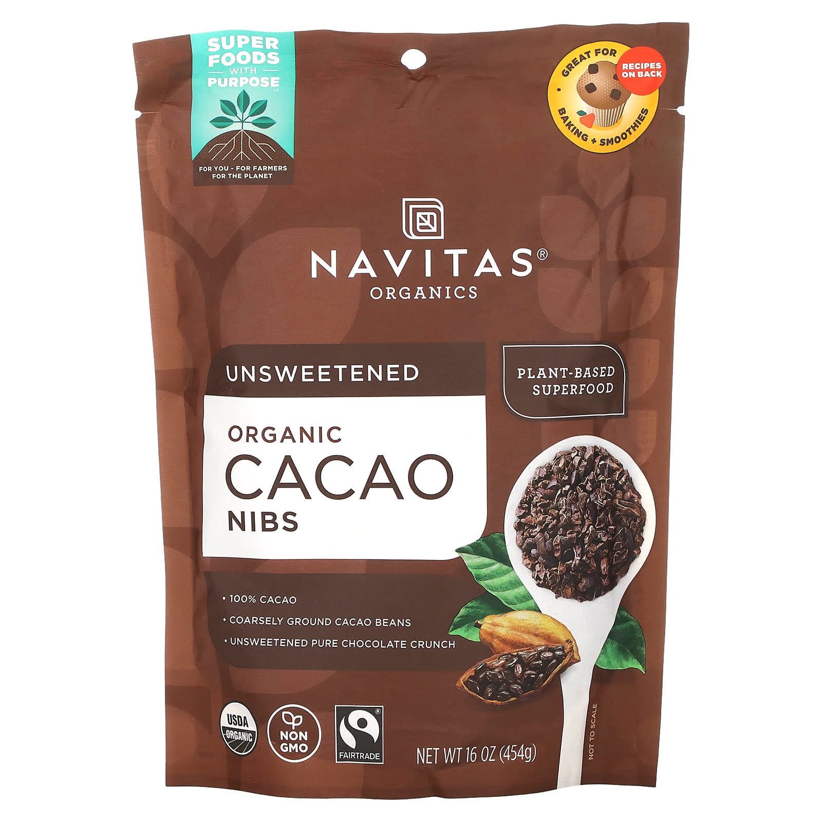 Navitas Organics, Органические кусочки какао-бобов, 454 г