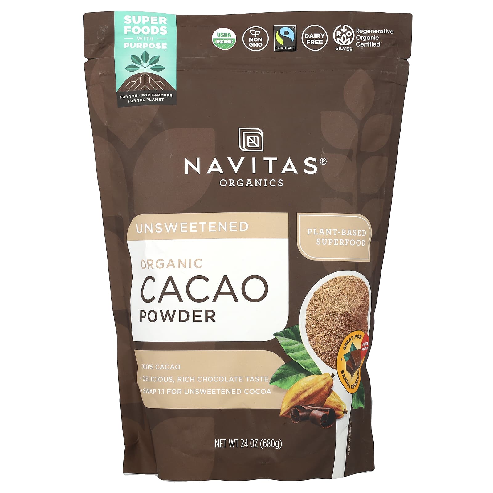 Navitas Organics, органический порошок какао, без сахара, 680 г (24 унции)