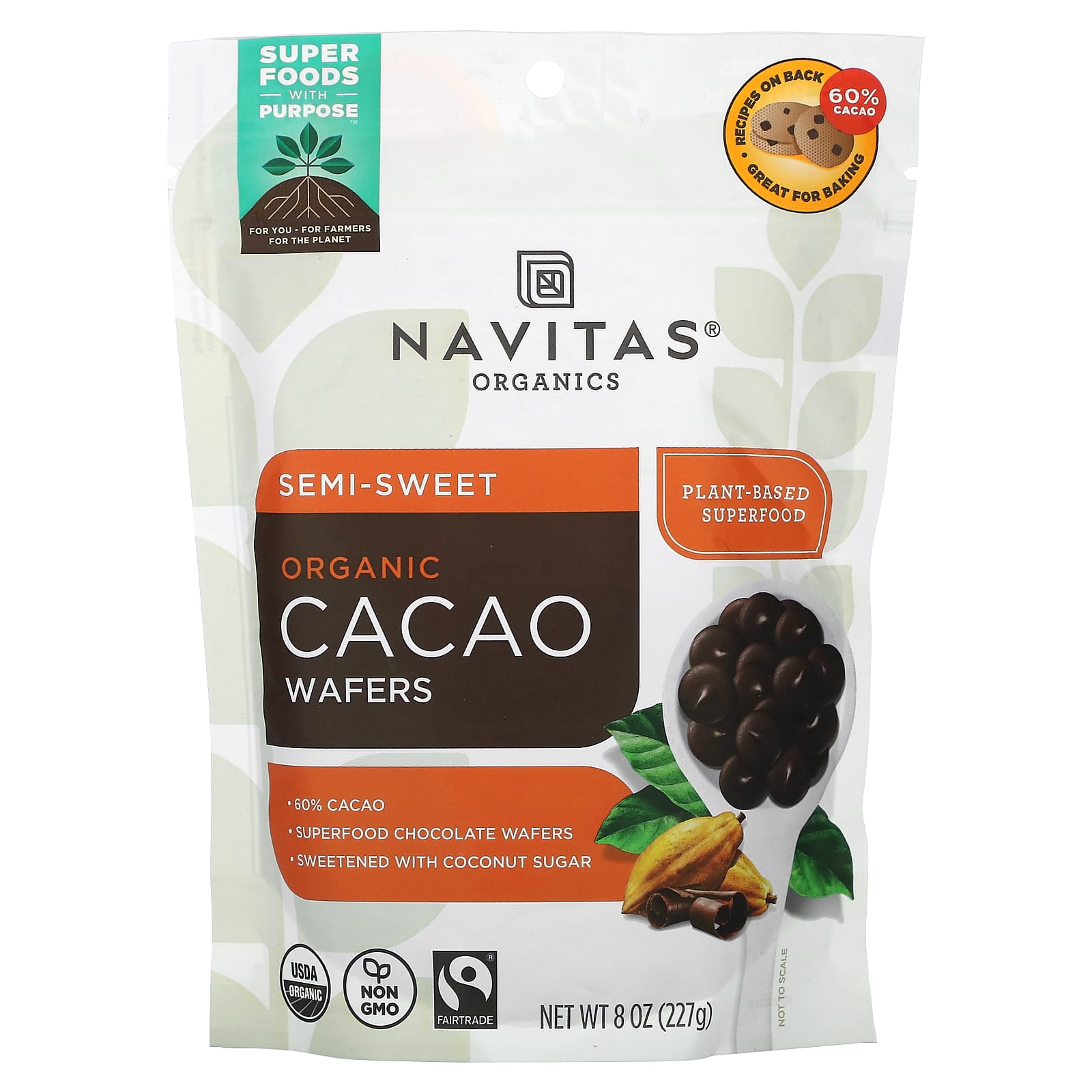 Navitas Organics, органические вафли из какао, полусладкие, 227 г (8 унций)