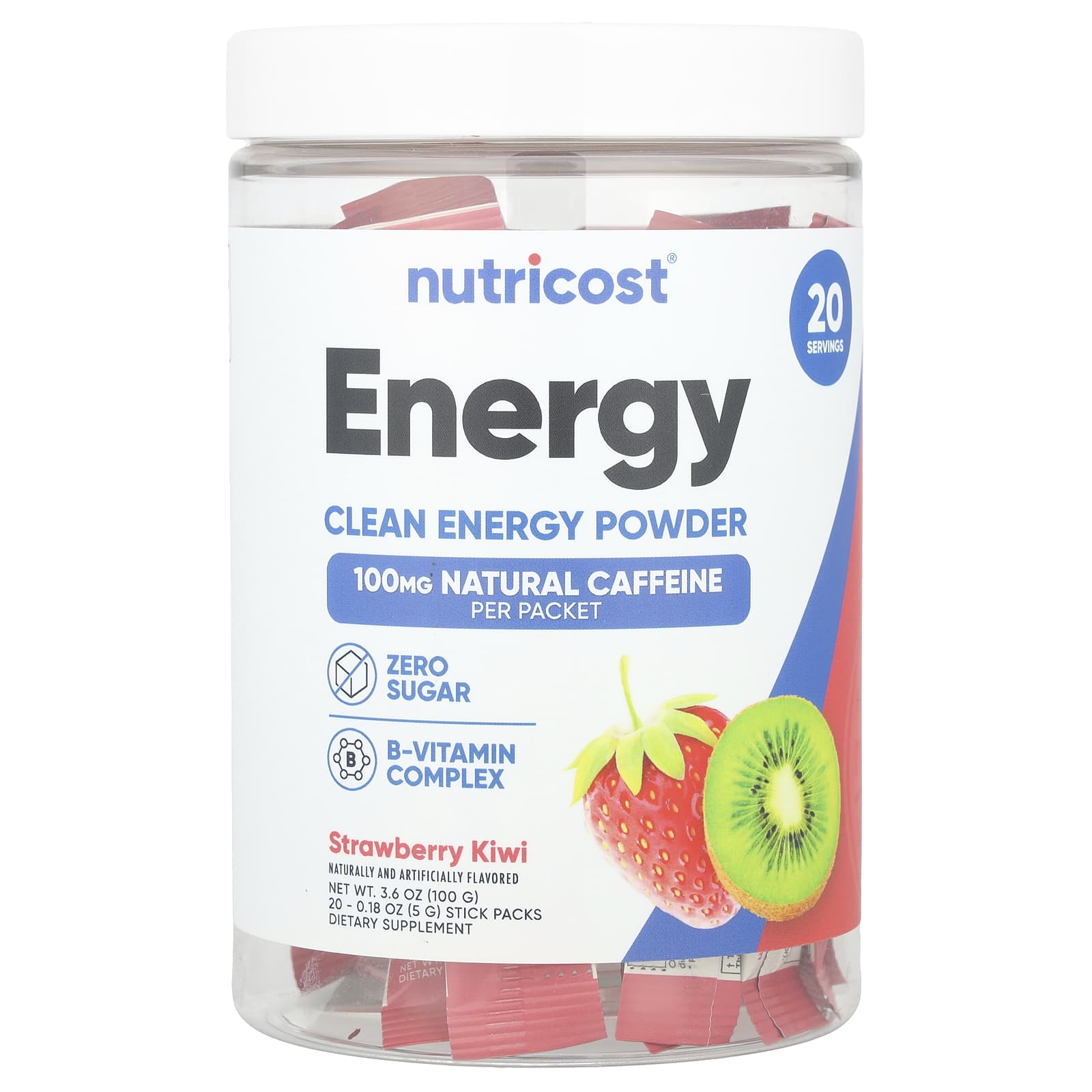 Nutricost, Energy, Clean Energy, порошок, клубника и киви, 20 пакетиков по 5 г (0,18 унции)