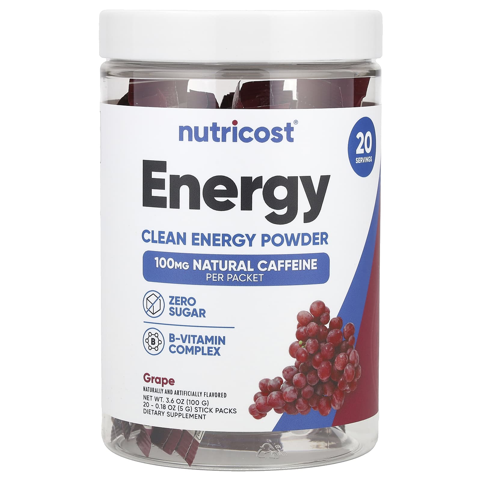 Nutricost, Energy, Clean Energy, порошок, виноград, 20 пакетиков по 5 г (0,18 унции)